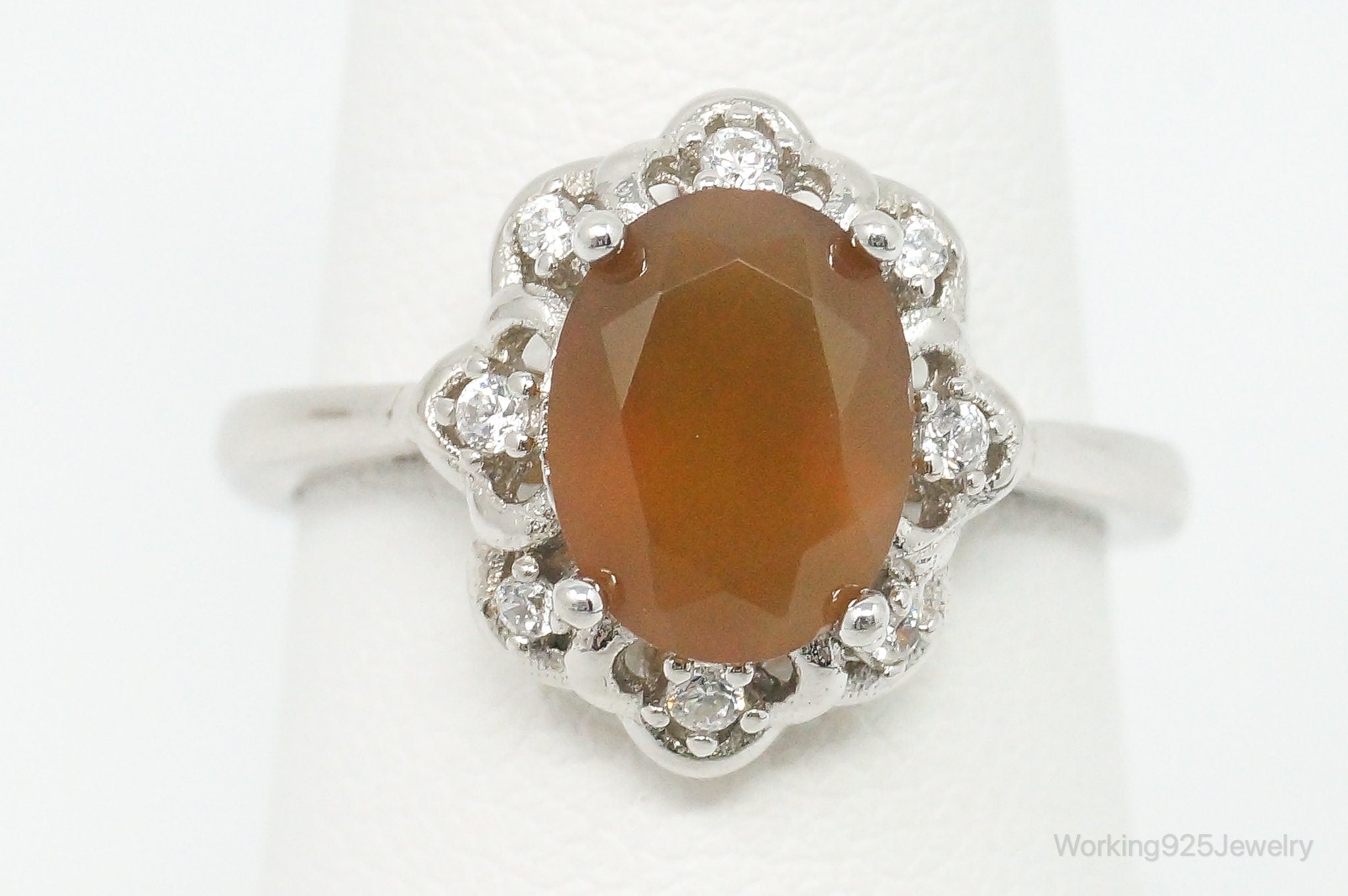 Carnelian Cubic Zirconia Sterling Silver Ring - Size 6.5 Adjustable