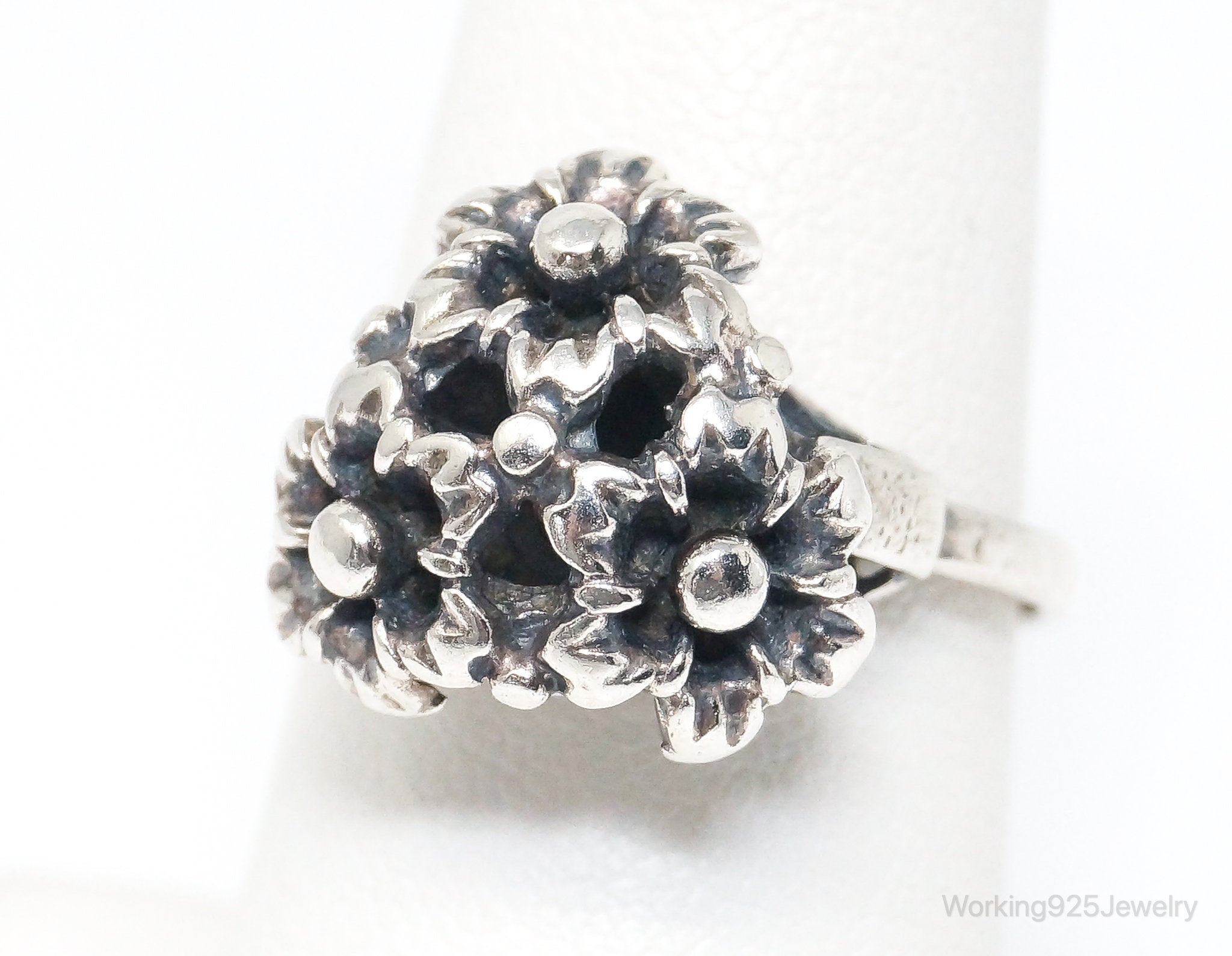 Antique Designer Floral Flowers Sterling Silver Ring - Size 7.75 Adjustable
