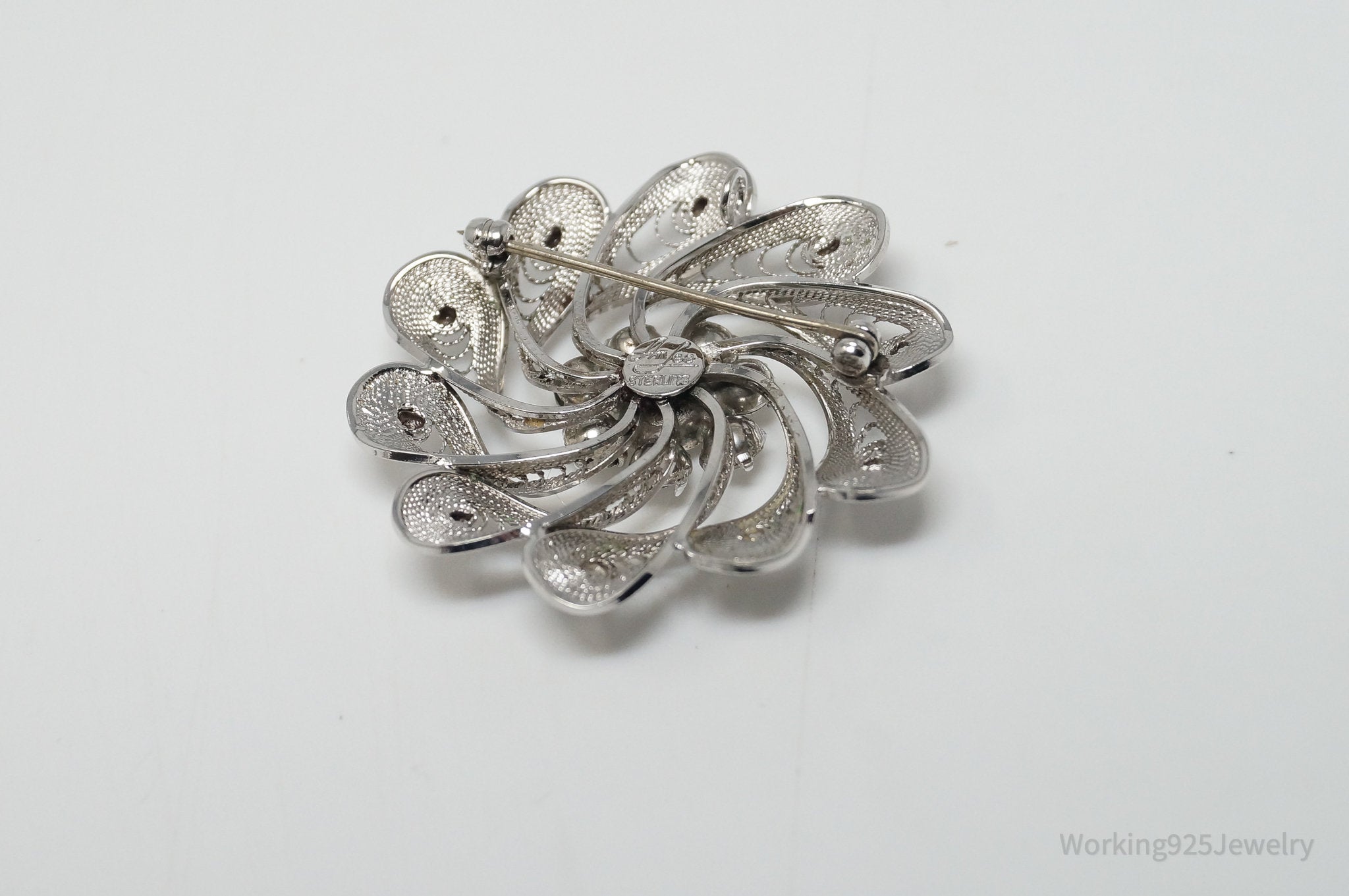 Vintage Designer Ann Lee Rhinestone Floral Filigree Sterling Silver Brooch