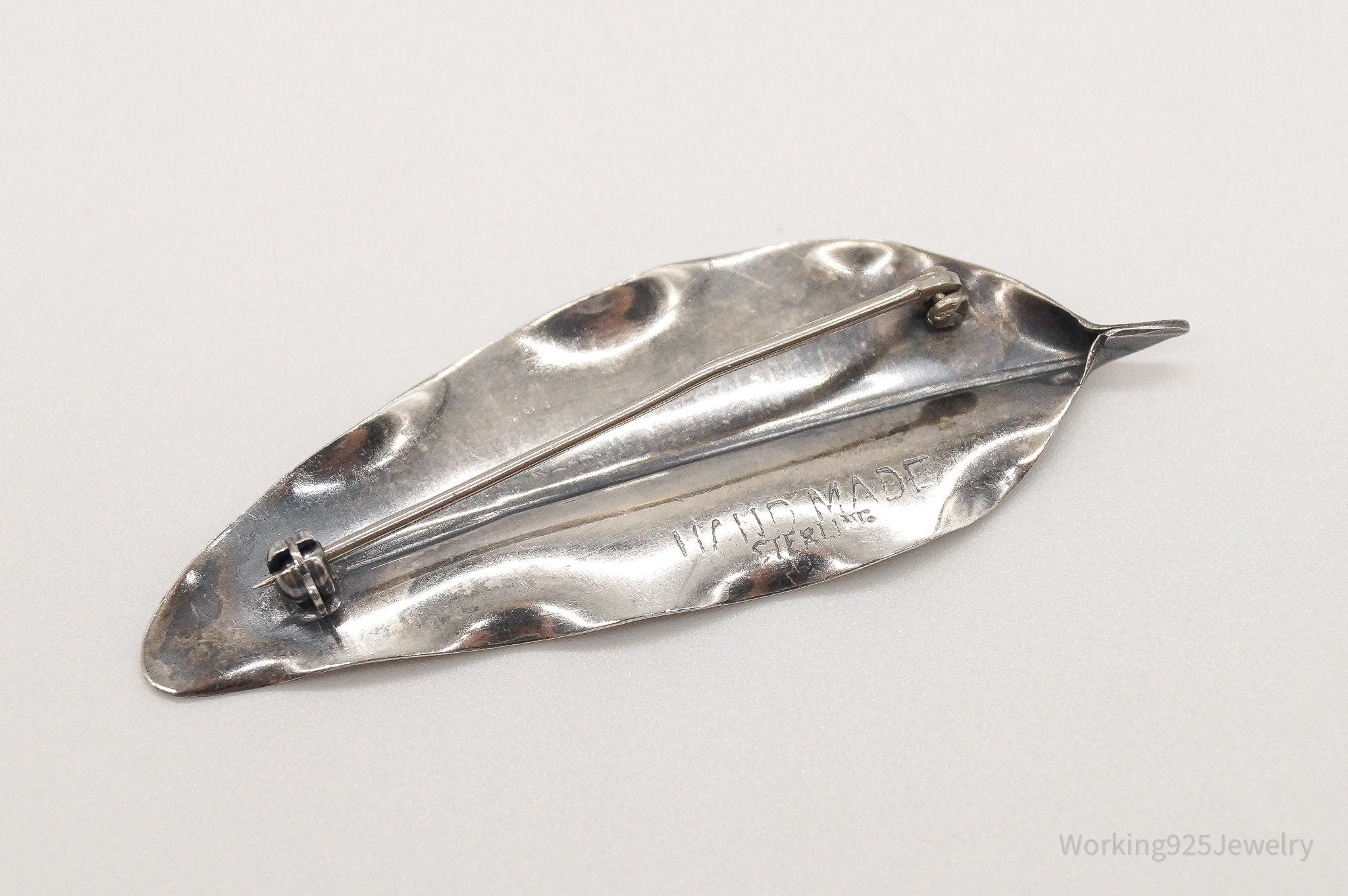 Large Antique Handmade Sterling Silver Leaf Pin Brooch