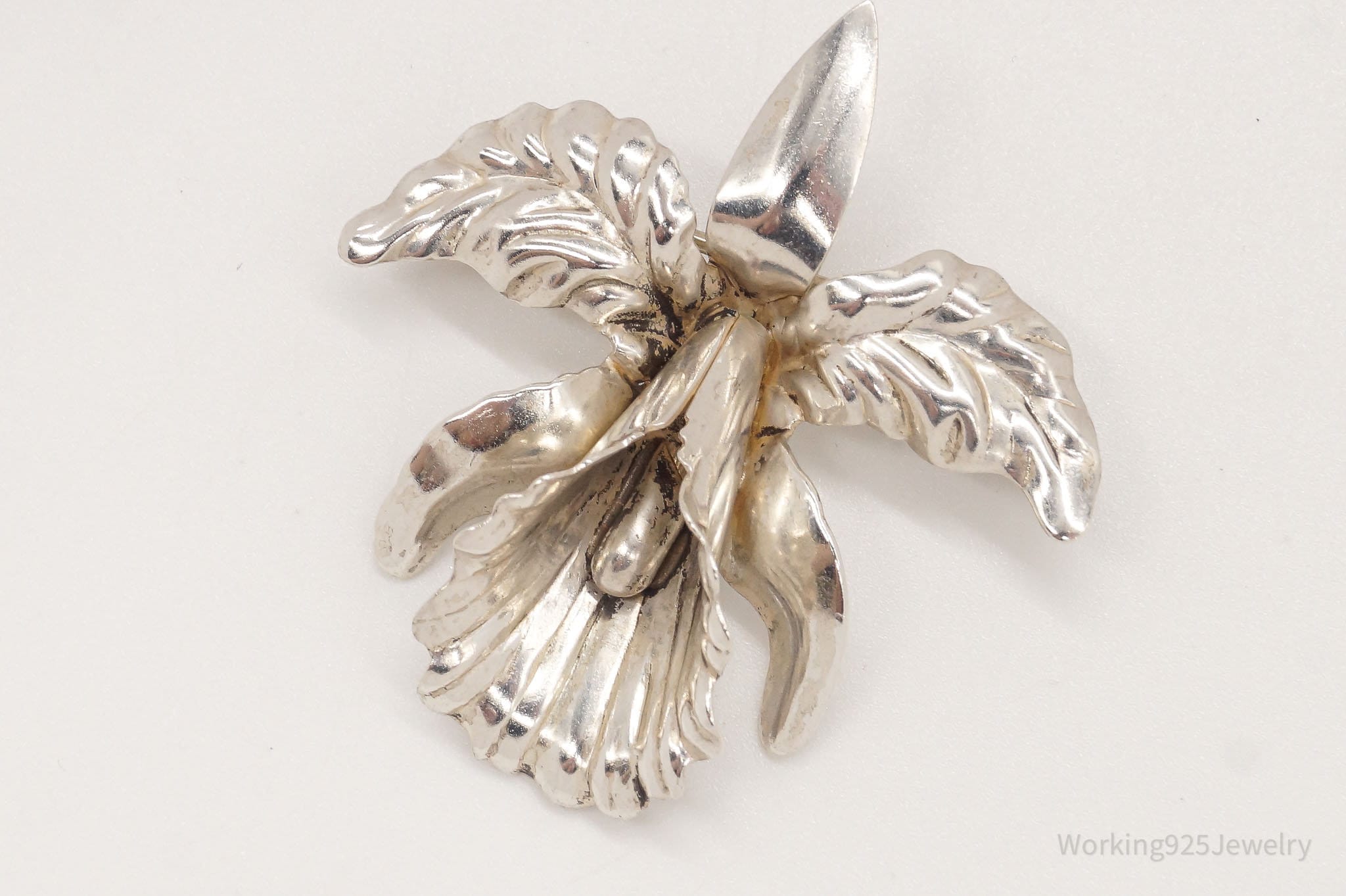 Vintage Designer Beau Orchid Flower Sterling Silver Brooch Pin