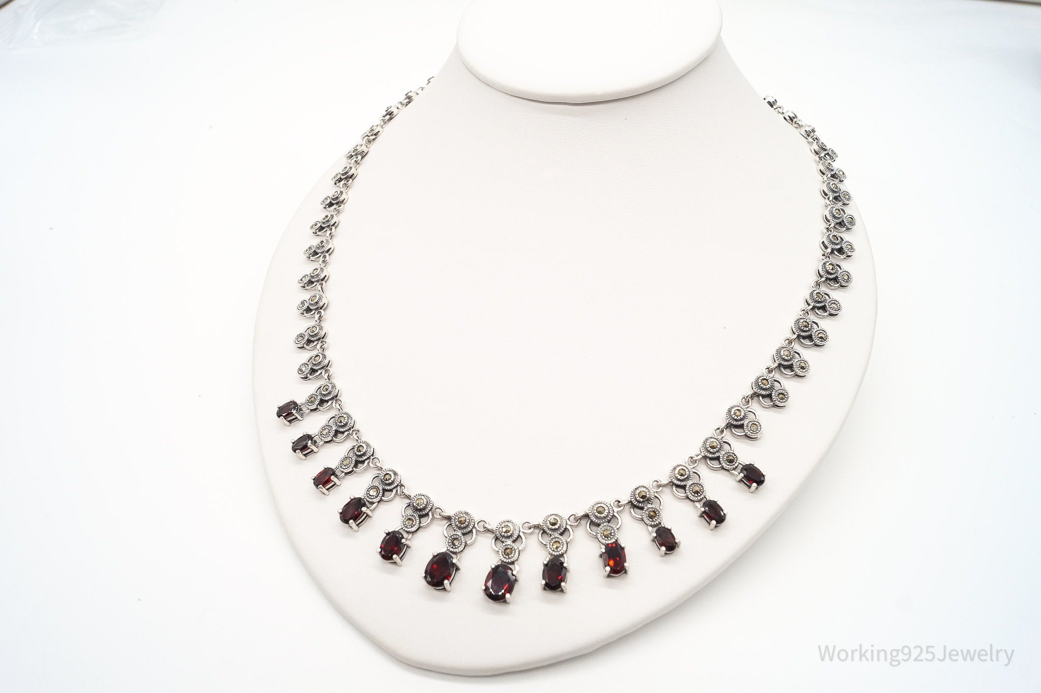 Vintage Garnet Marcasite Sterling Silver Necklace 20"