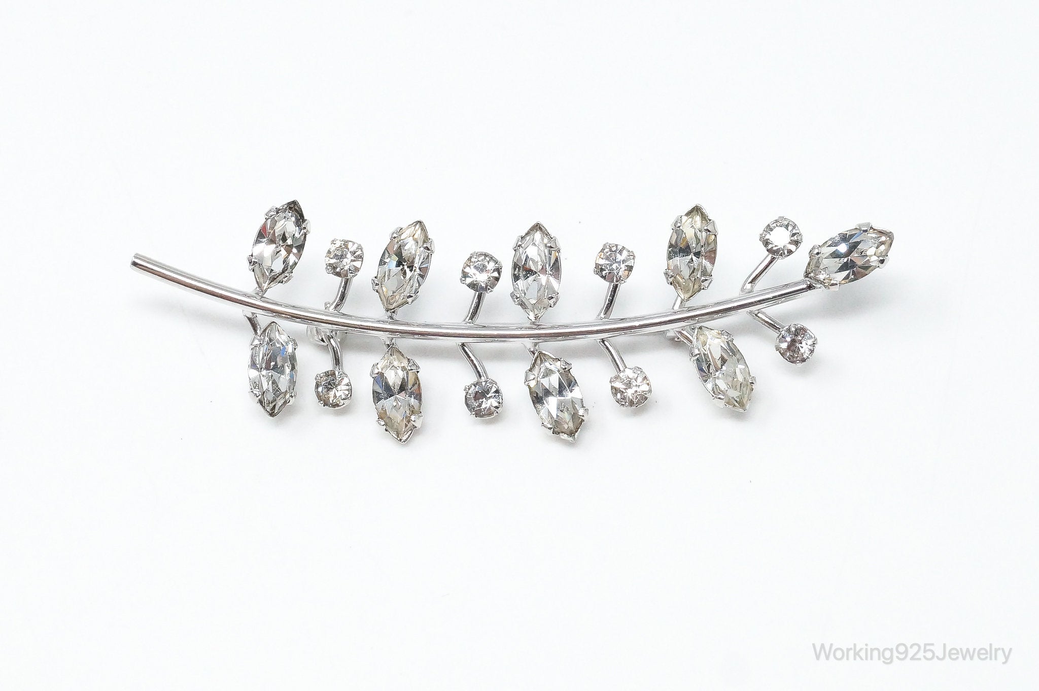 Vintage Designer Lang Rhinestone Leaf Branch Sterling Silver Brooch Pin