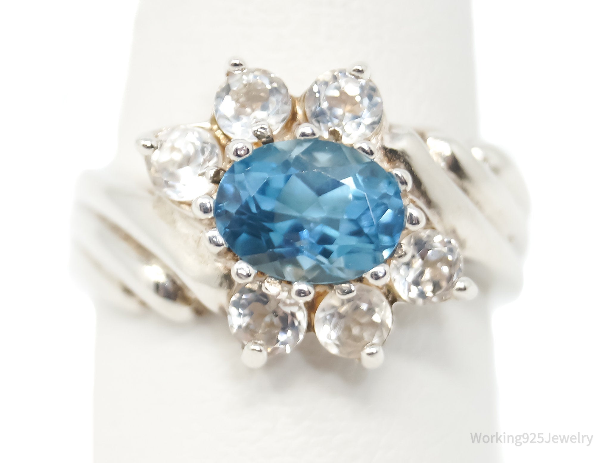 Vintage Art Deco Blue Topaz Cubic Zirconia Sterling Silver Ring - Sz 8