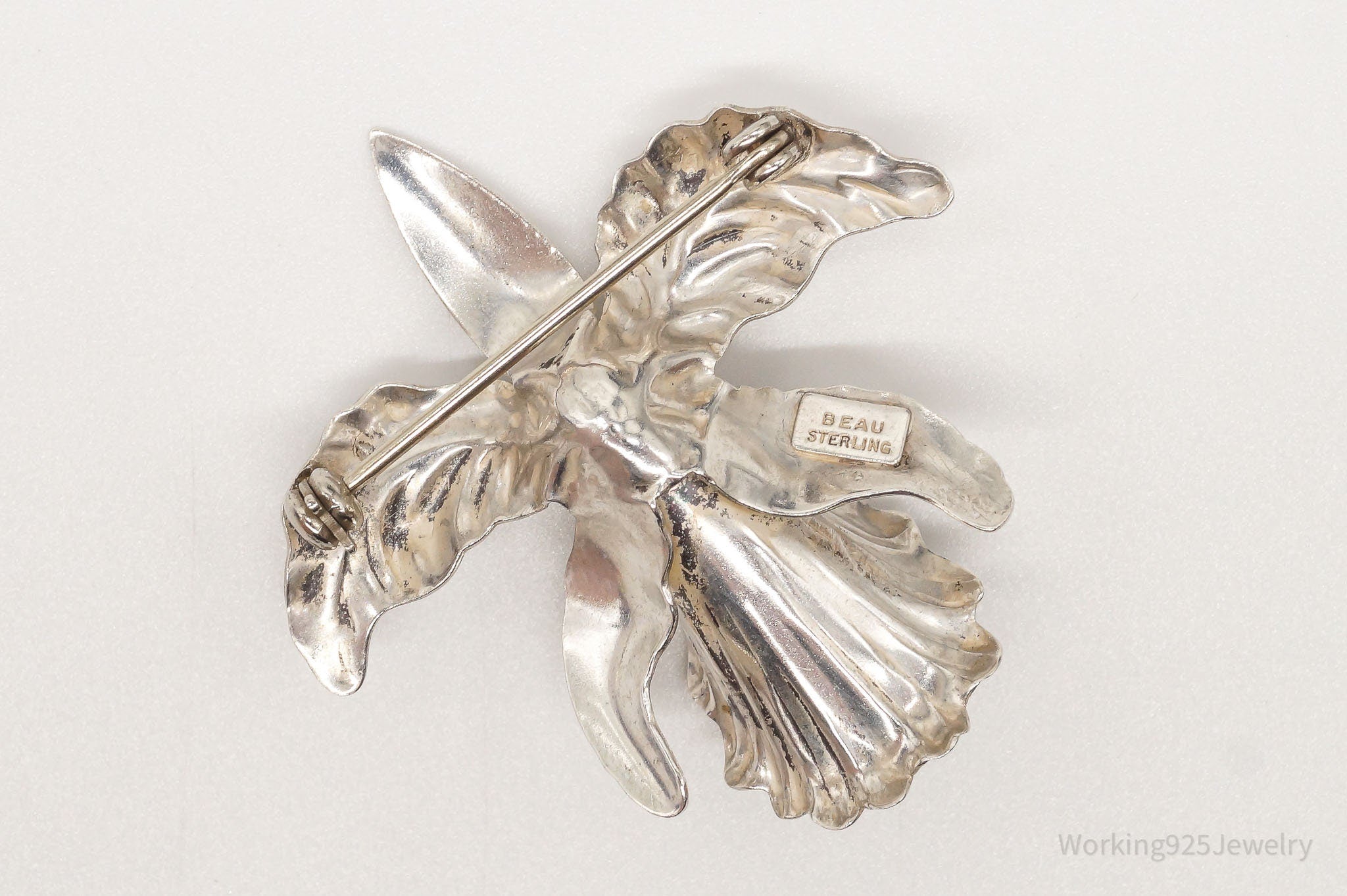 Vintage Designer Beau Orchid Flower Sterling Silver Brooch Pin