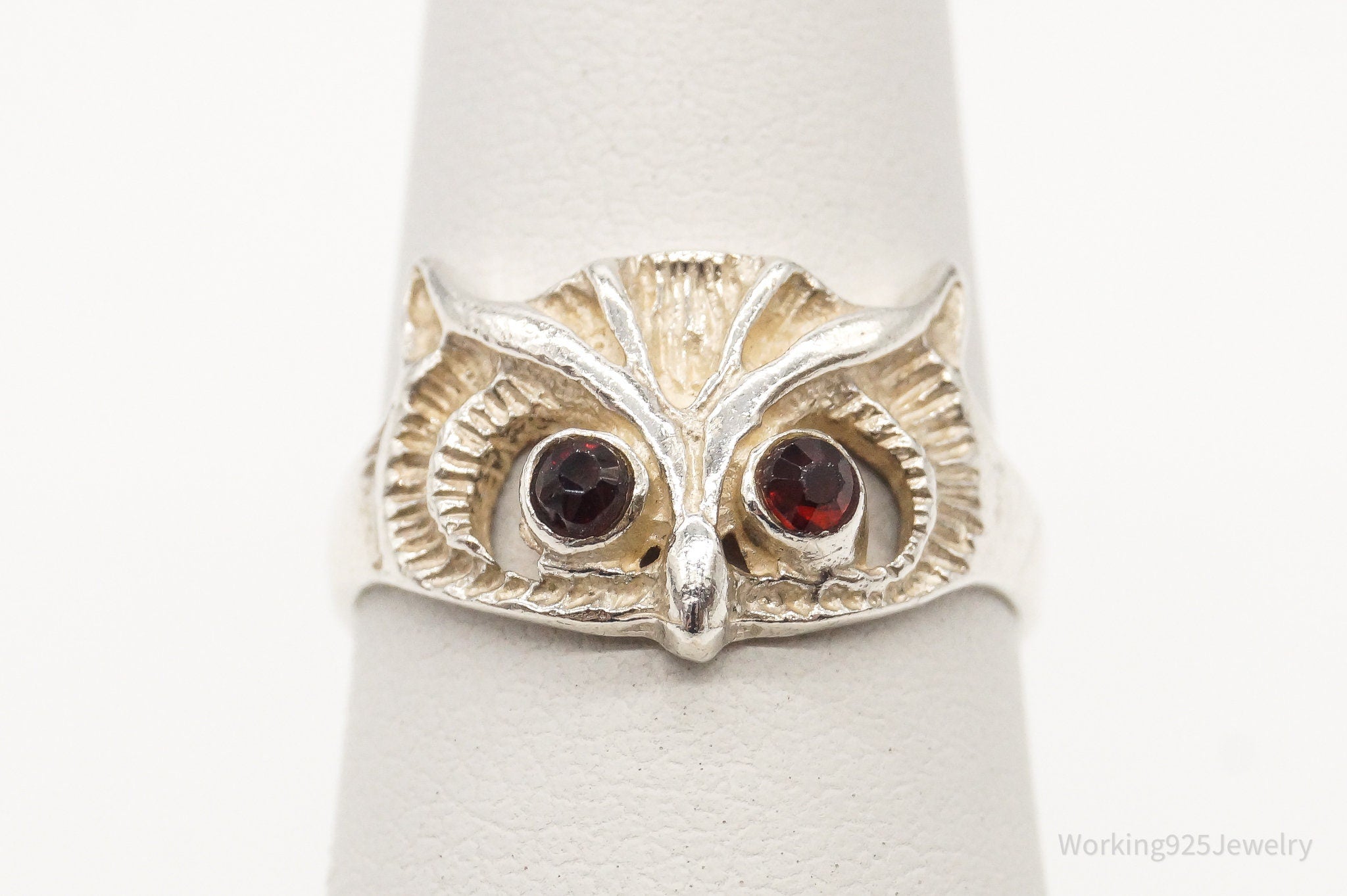 Vintage Garnet Eyed Owl Sterling Silver Ring - Size 4.5