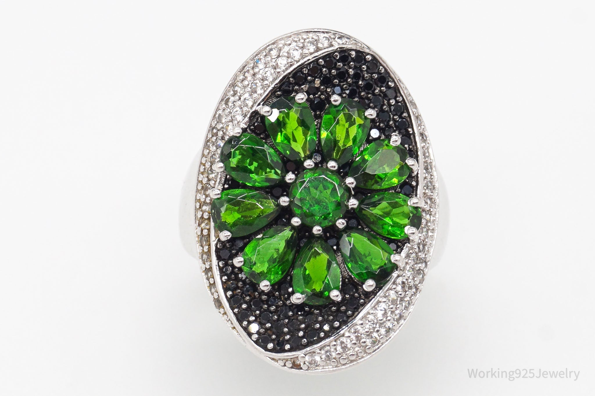 Green Chrome Diopside Black Spinel White Topaz Sterling Silver Ring SZ 10