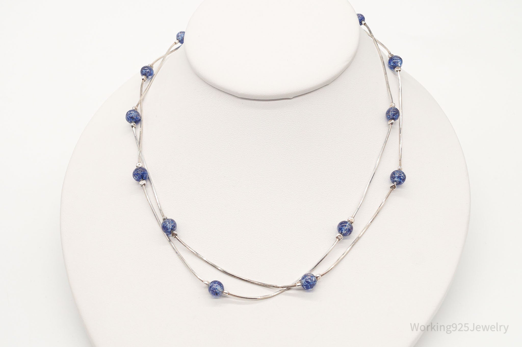 Vintage Italian Blue Glass Beads Modernist Sterling Silver Necklace