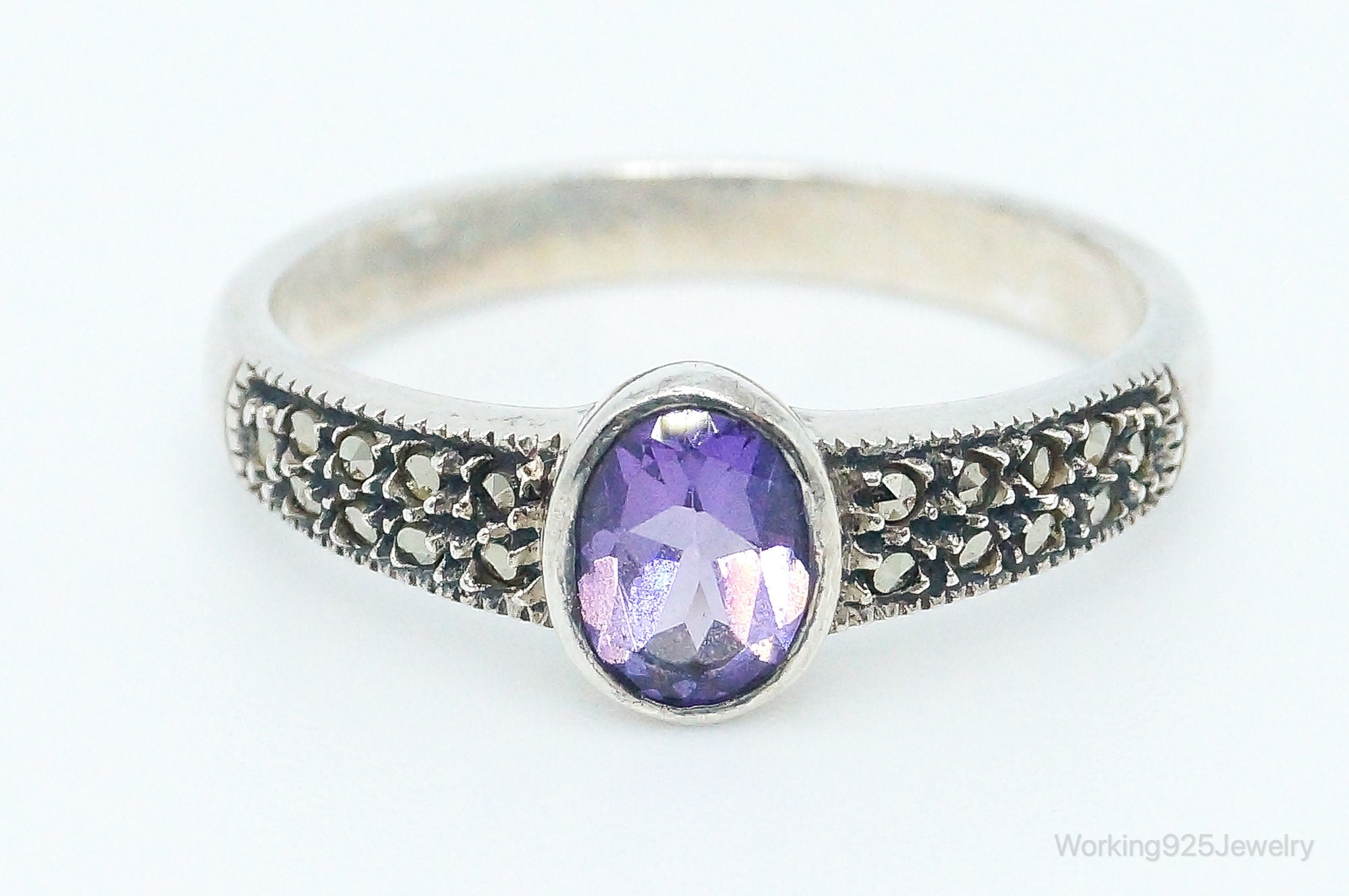 Vintage Judith Jack Amethyst Marcasite Sterling Silver Ring Size 9.75