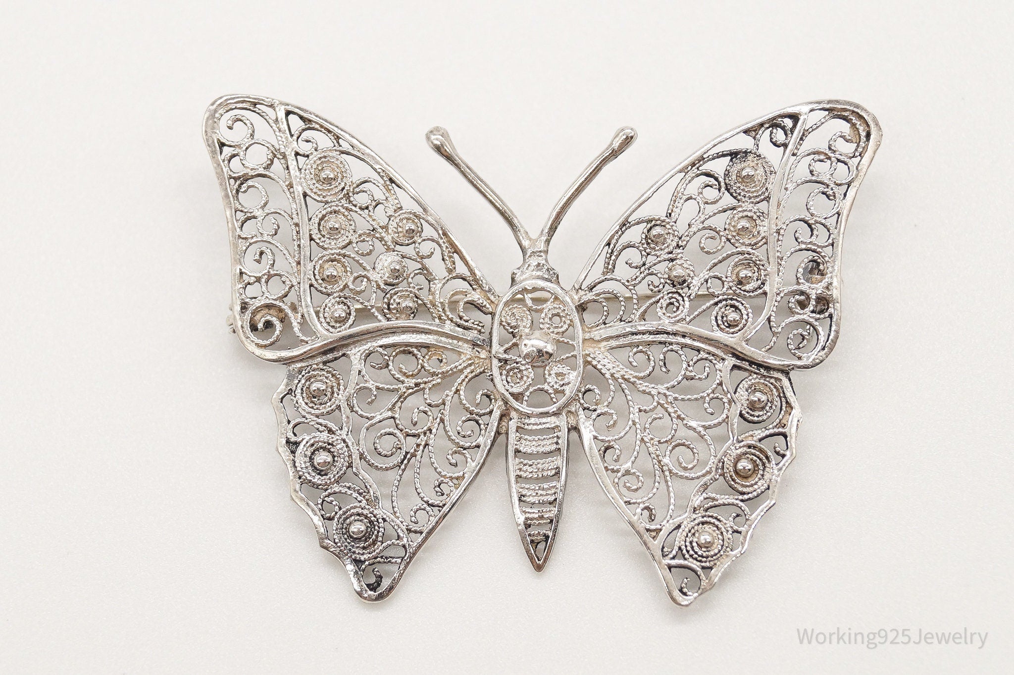 Large Antique Filigree Butterfly Sterling Silver Brooch Pin