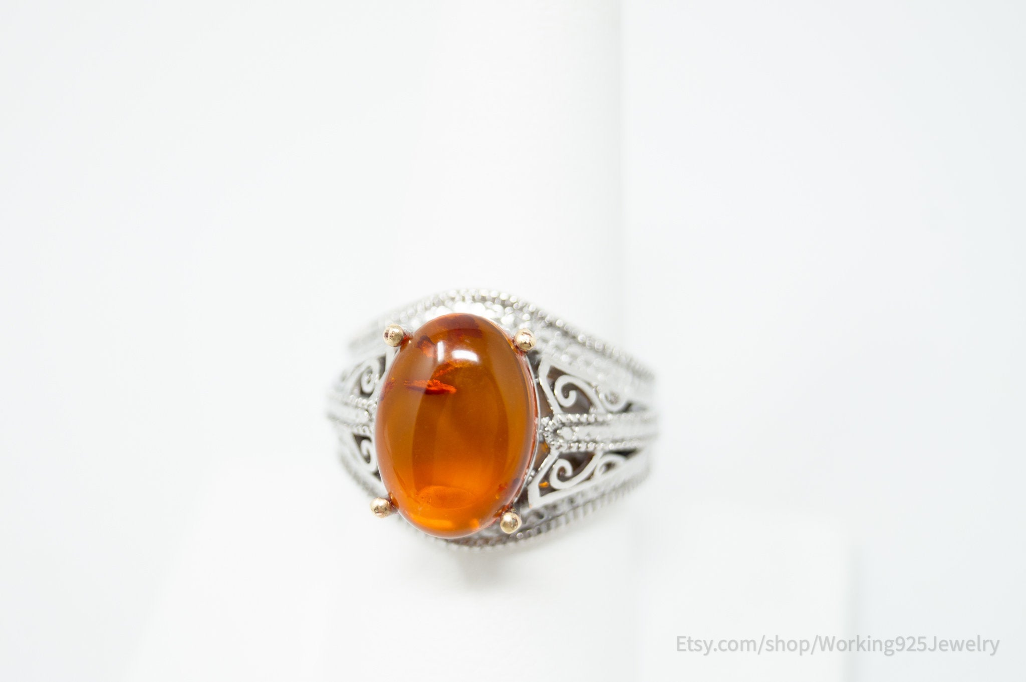 Vintage Designer Karis Amber Sterling Silver Statement Ring - Size 8.75