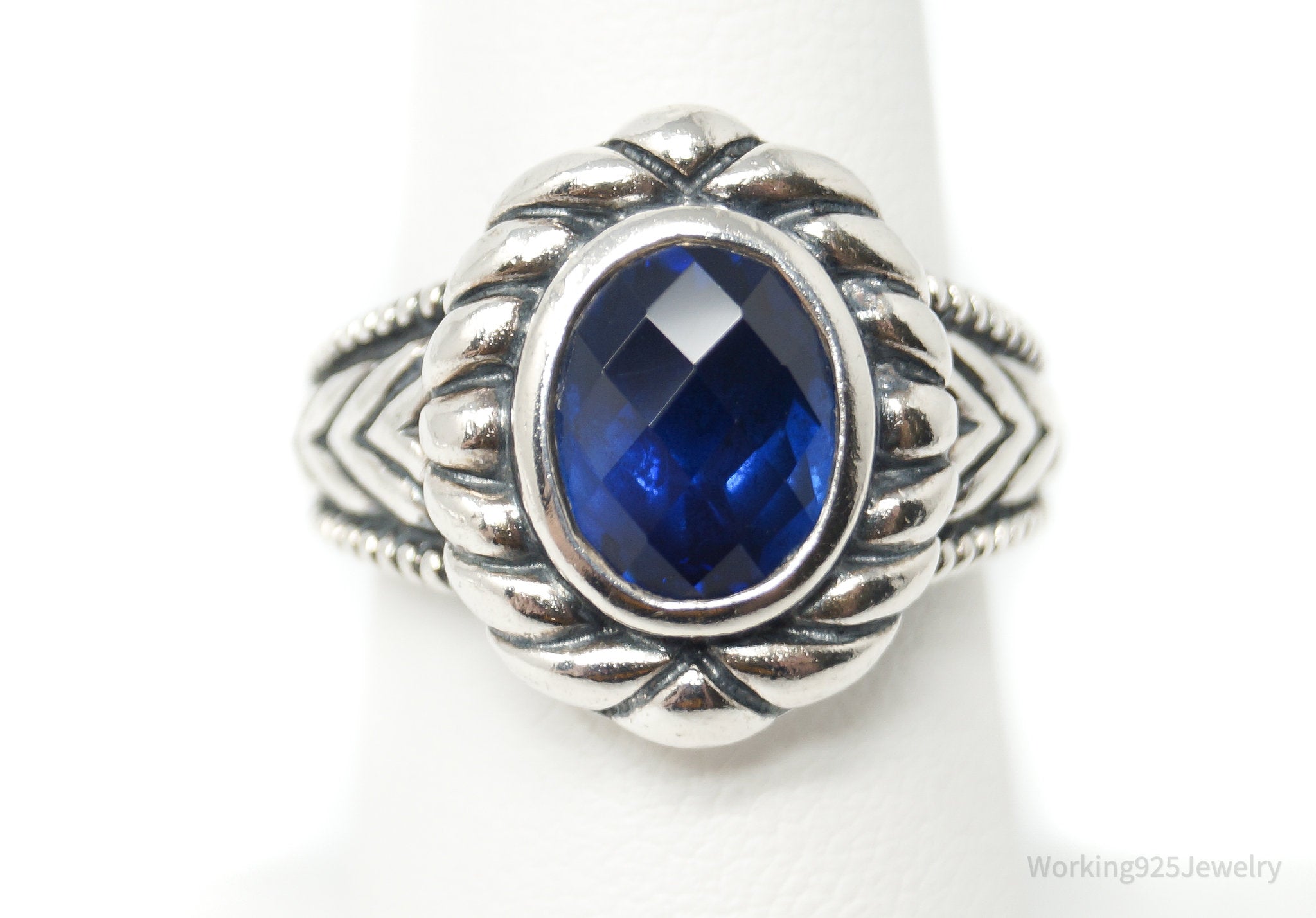 Vintage Art Deco Style Blue Lab Sapphire Sterling Silver Ring - Size 6.75