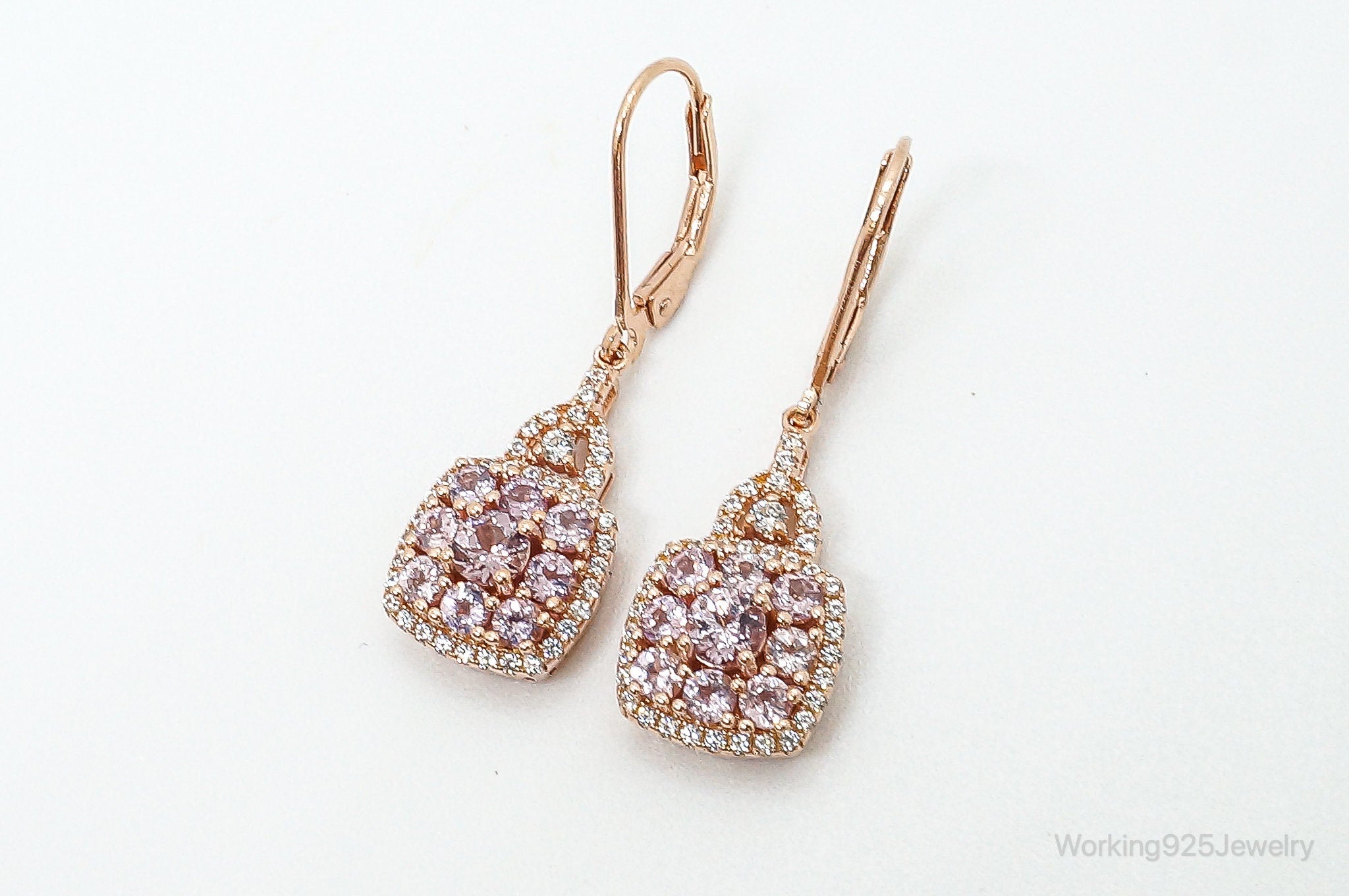 Designer DK Pink & White CZ Rose Gold Vermeil Sterling Silver Earrings