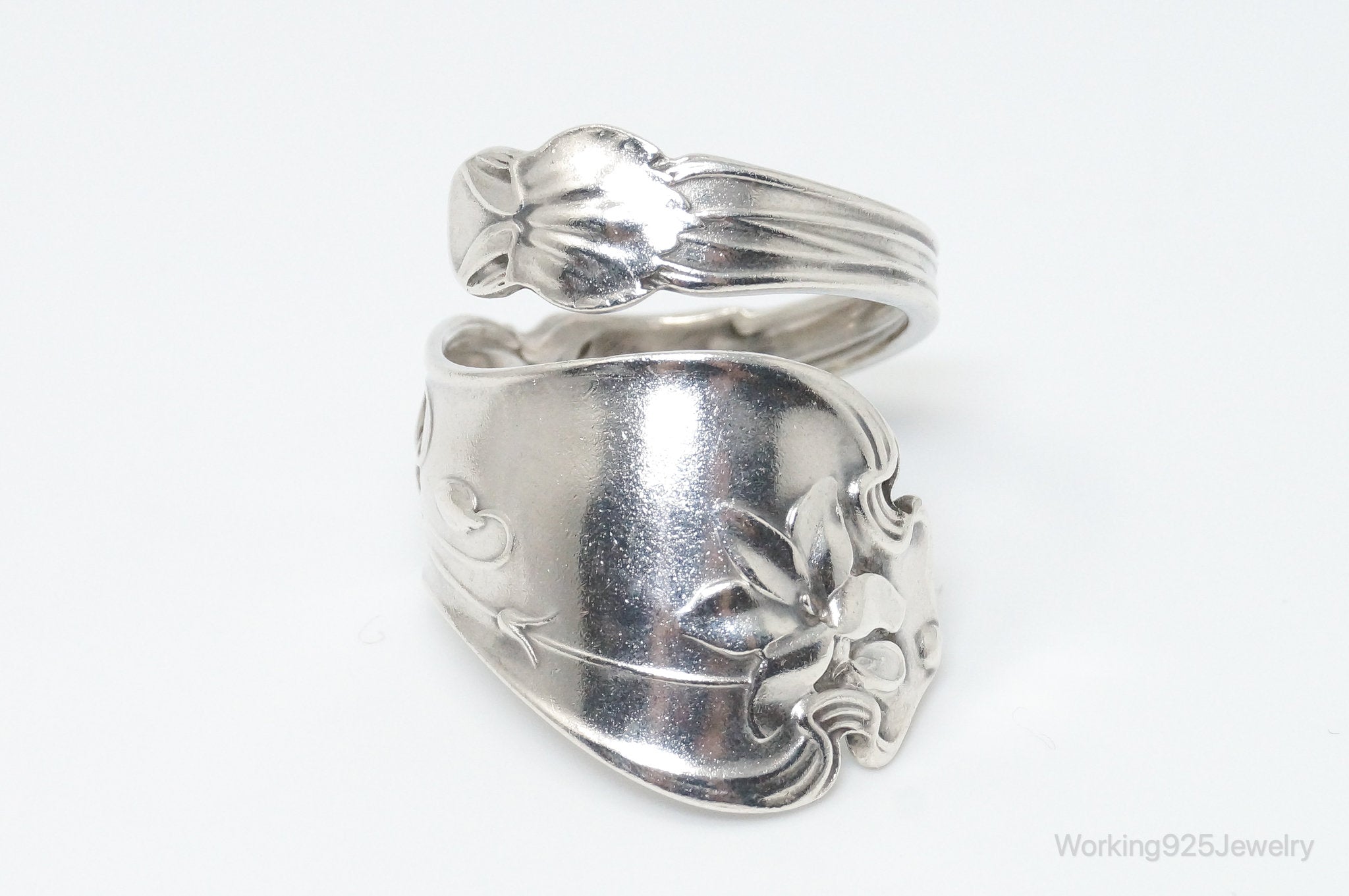 Antique Lambert Bros Floral Sterling Silver Wrap Spoon Ring - SZ 12 Adjustable