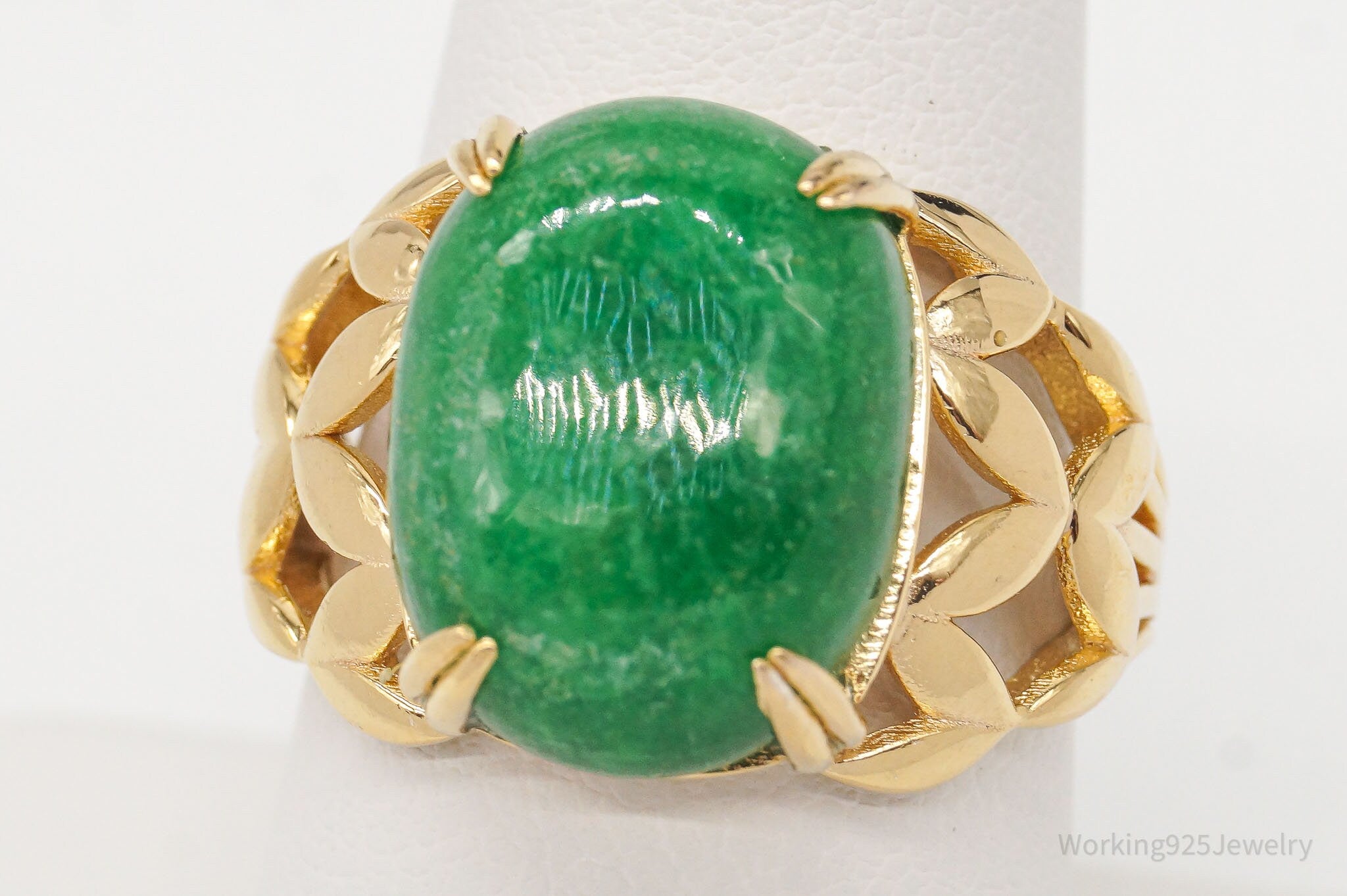 BBJ Green Jadeite 18K Yellow Gold Over Sterling Silver Ring - Size 8.75