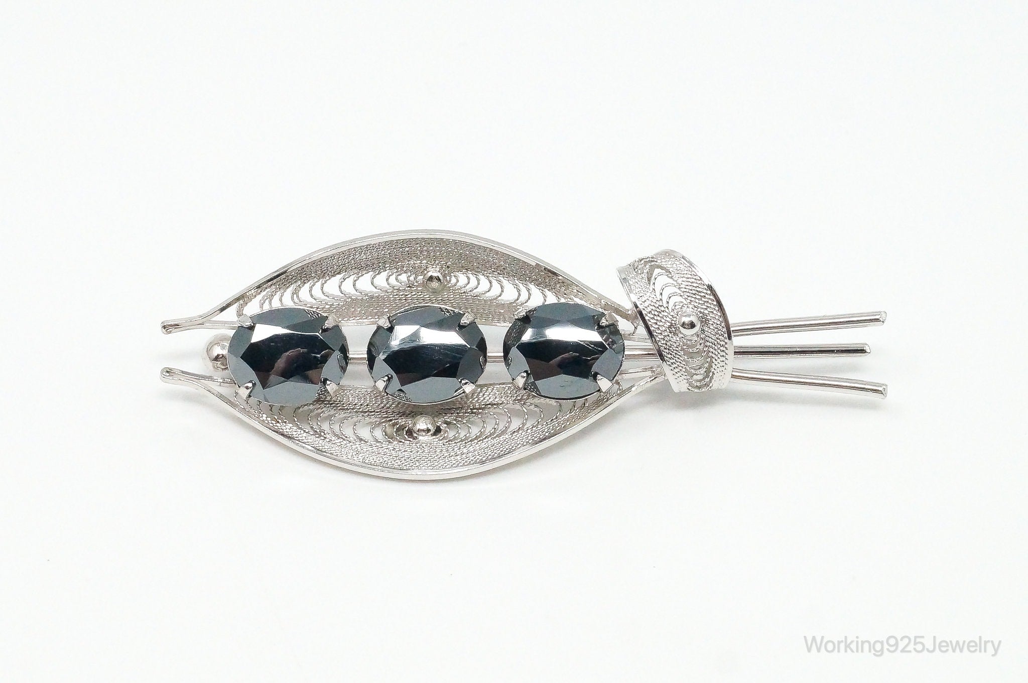 Vintage Designer Sorrento Hematite Filigree Sterling Silver Brooch Pin