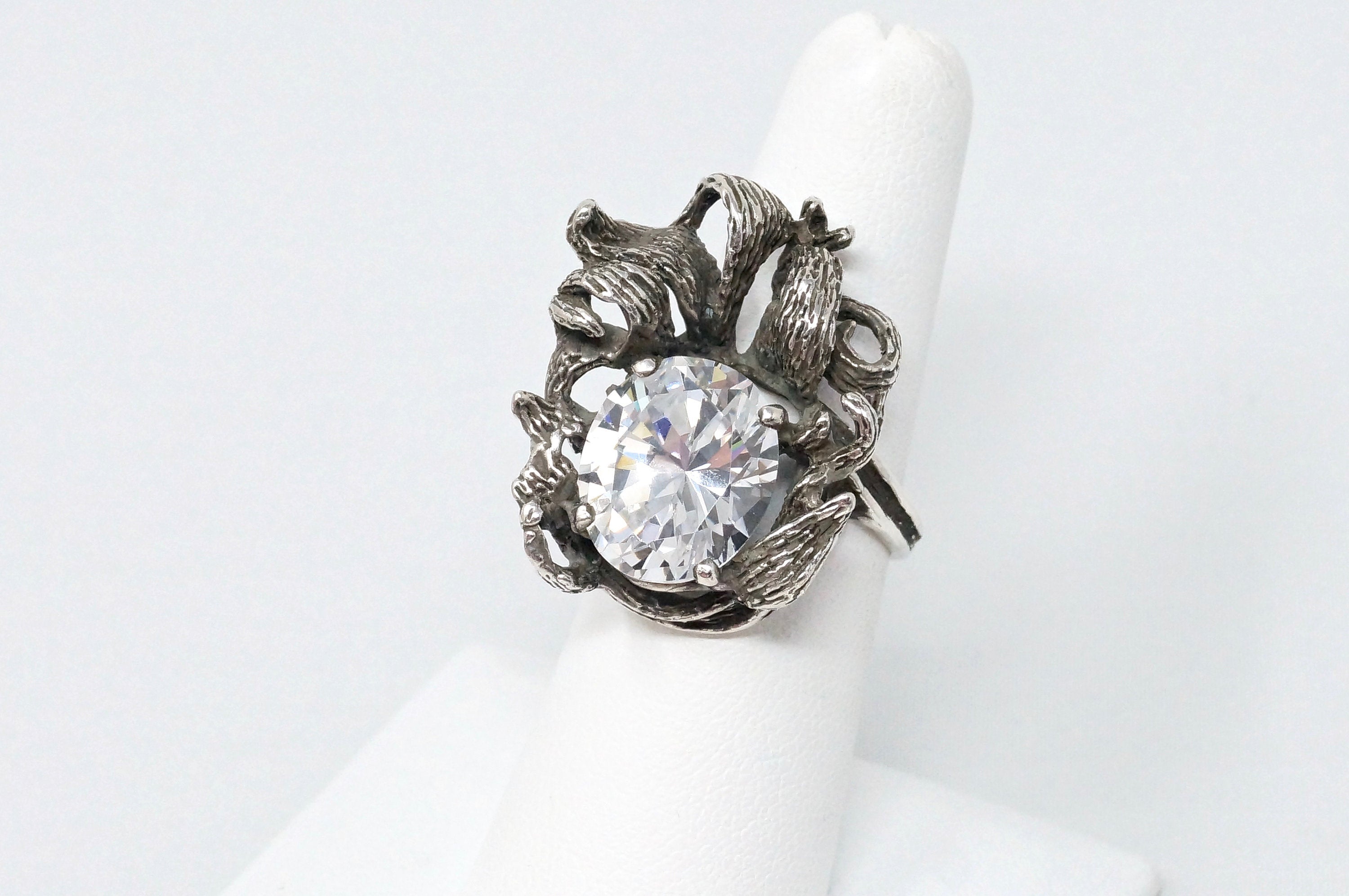 Vintage Art Nouveau Motif CZ Oxidized Sterling Silver Statement Ring - Size 6