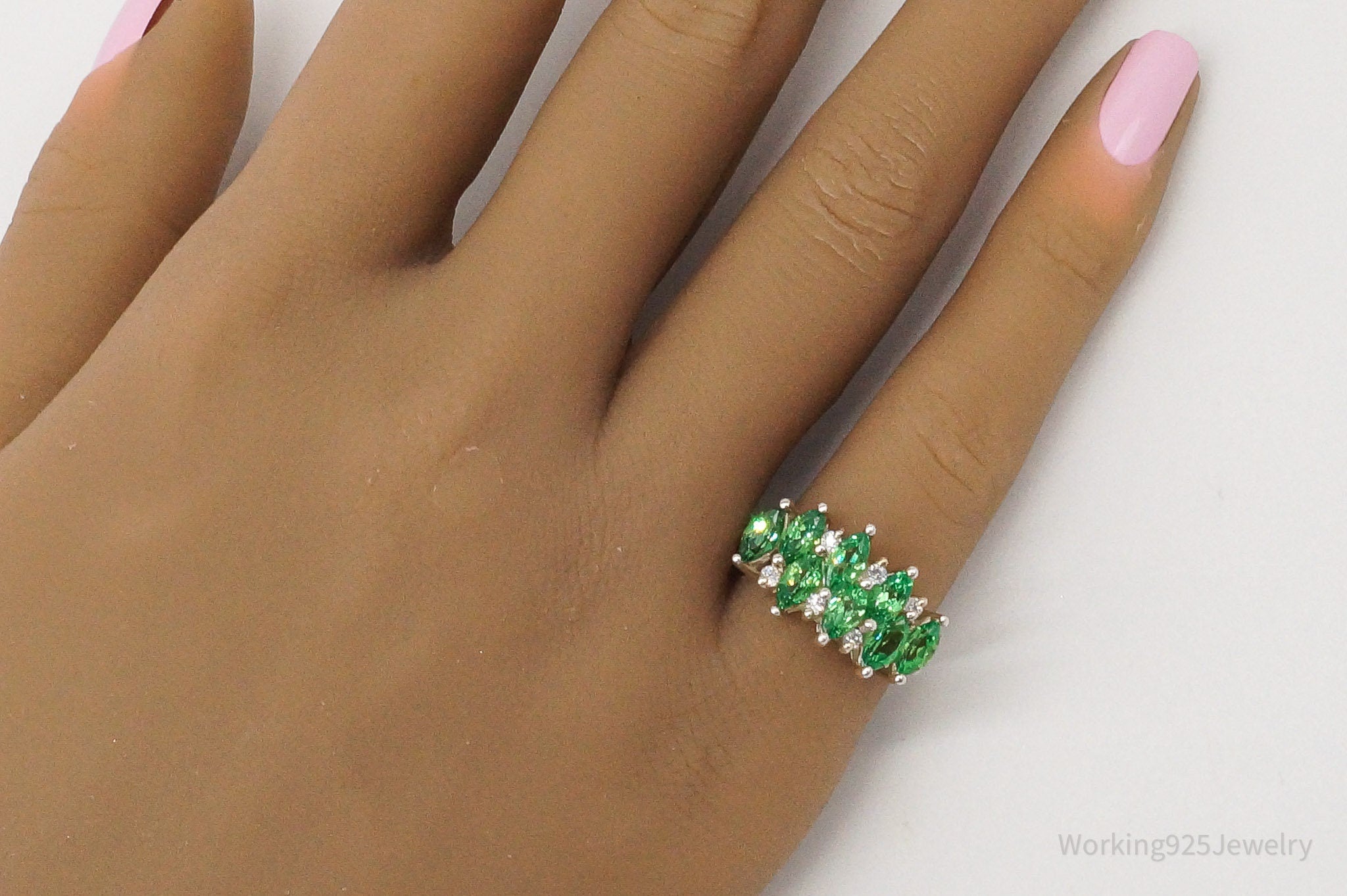 Vintage Green & White Cubic Zirconia Sterling Silver Ring - Size 5