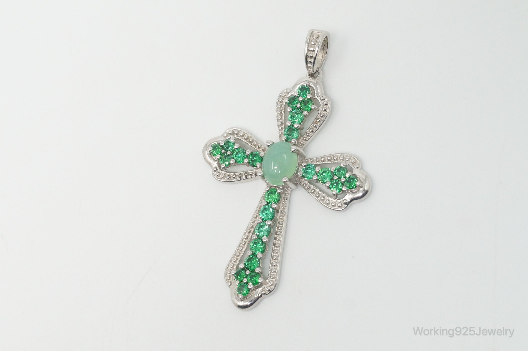 Vintage Green Chalcedony Green Cubic Zirconia Cross Sterling Silver Pendant