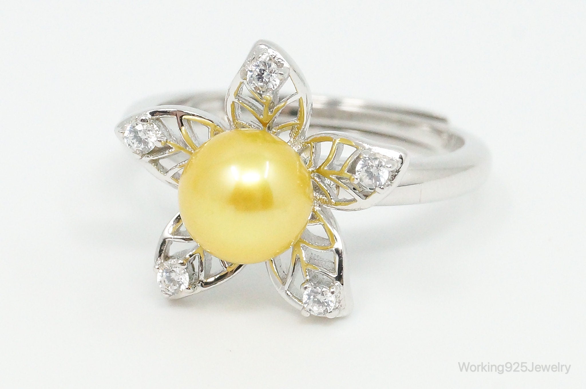 Faux Yellow Pearl Cubic Zirconia Flower Sterling Silver Ring SZ 5.75 Adjustable