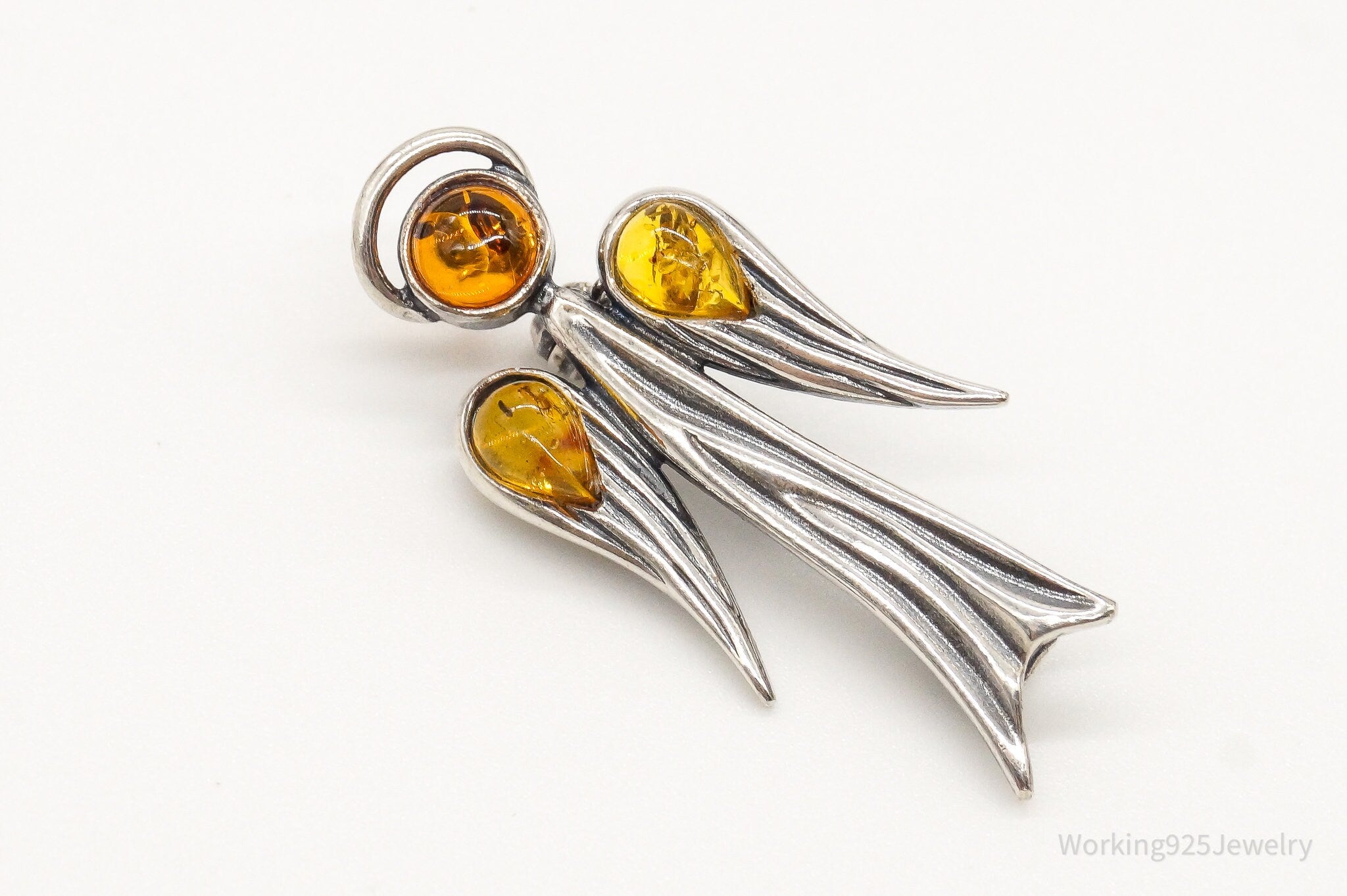 Vintage Amber Angel Sterling Silver Brooch Pin