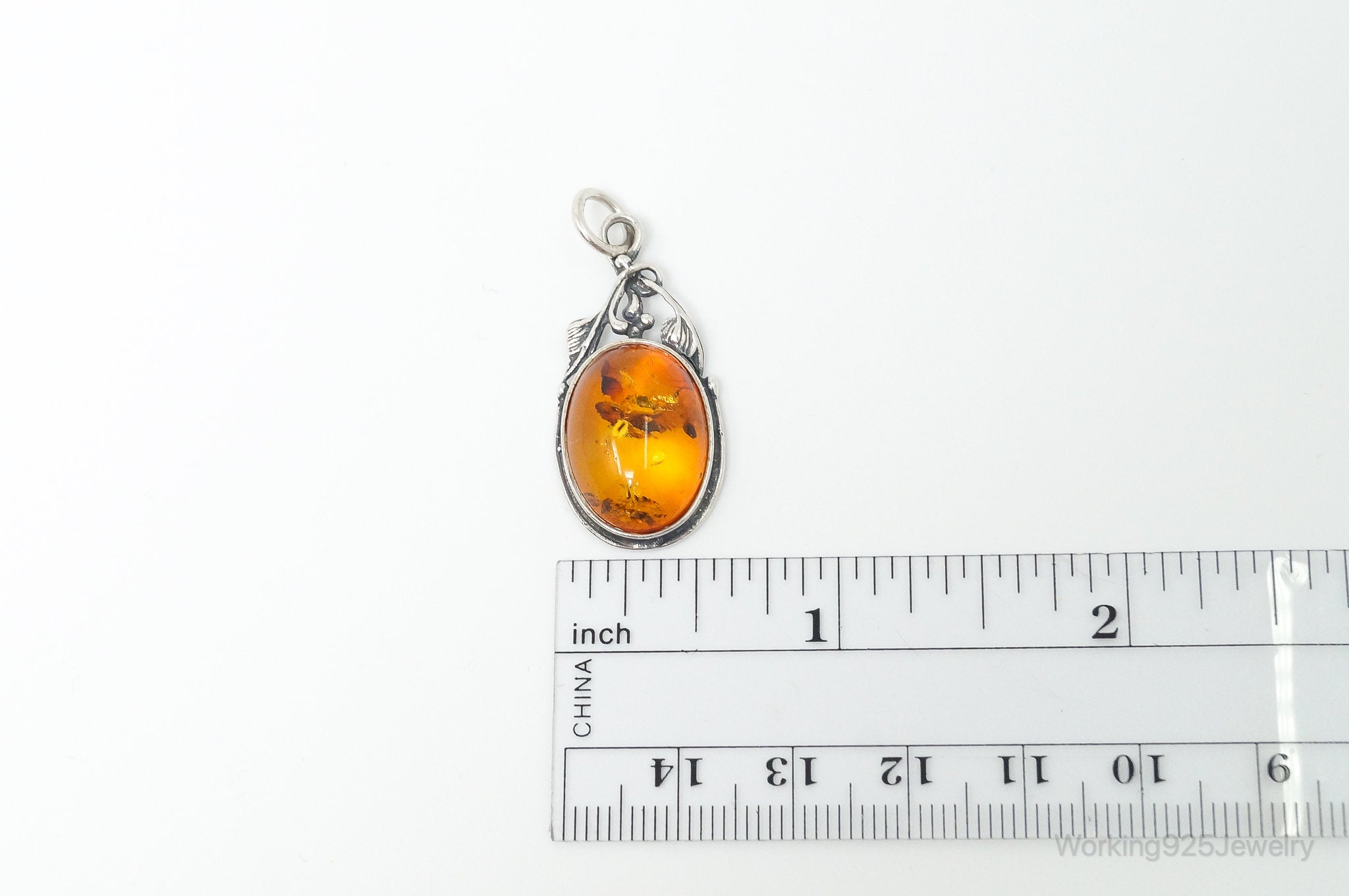 Vintage Amber Modernist Sterling Silver Necklace Pendant