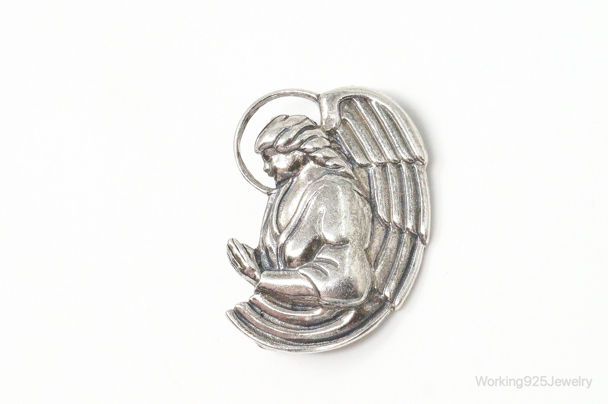 Vintage Designer Jezlaine Angel Praying Sterling Silver Brooch Pin