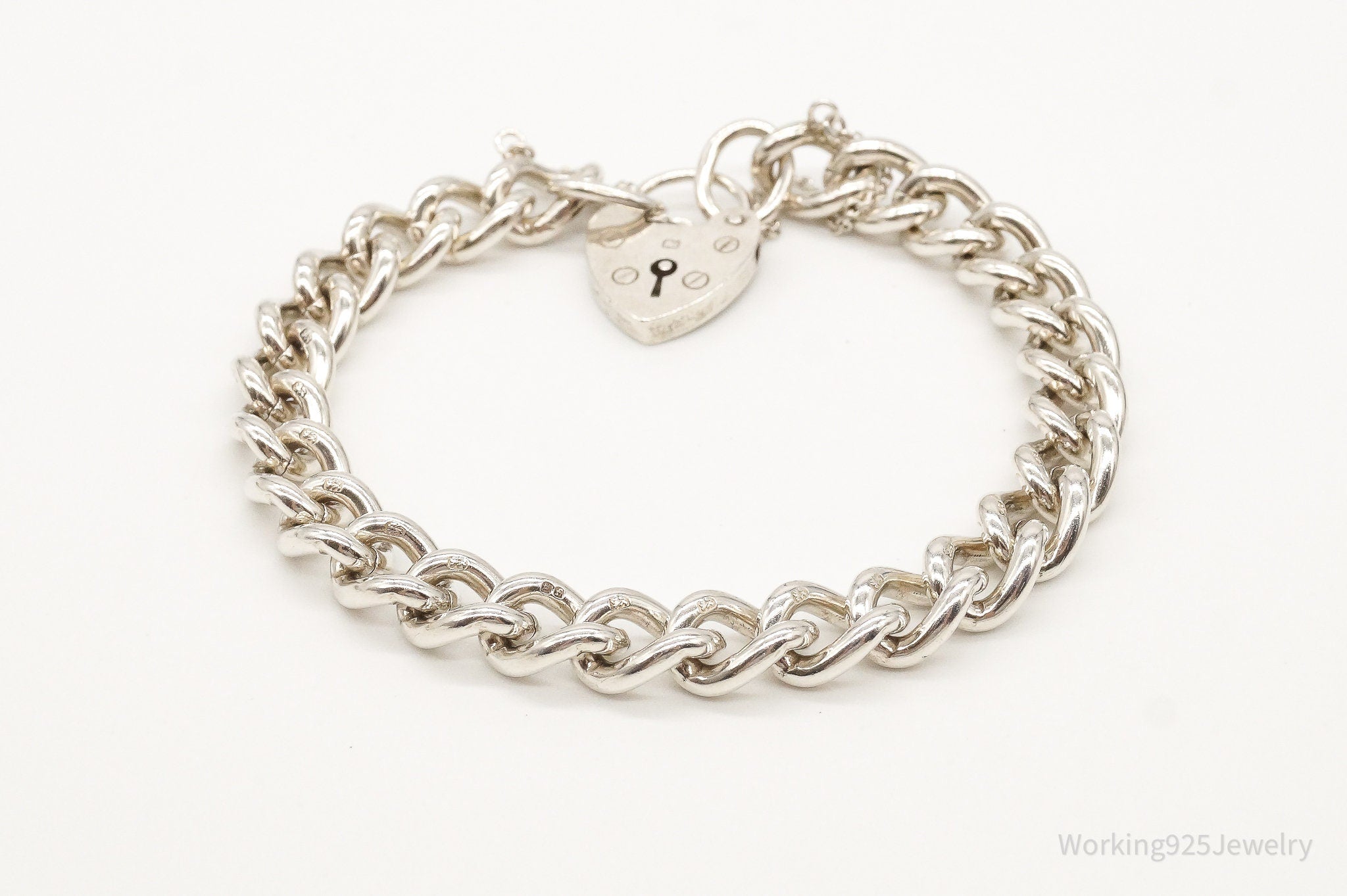 Antique Heart Pad Lock Charm Lover Sterling Silver Chainlink Bracelet