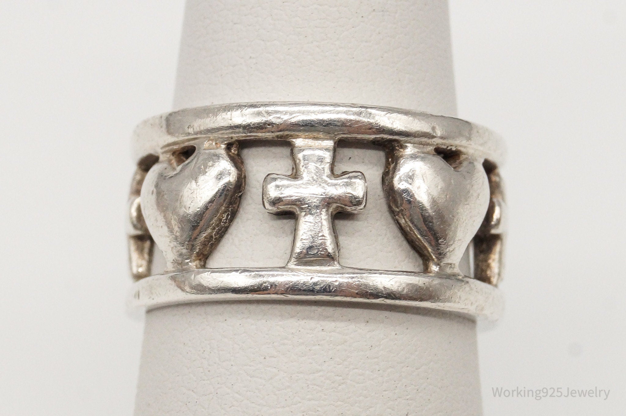 Vintage Hearts & Crosses Sterling Silver Ring - Size 6