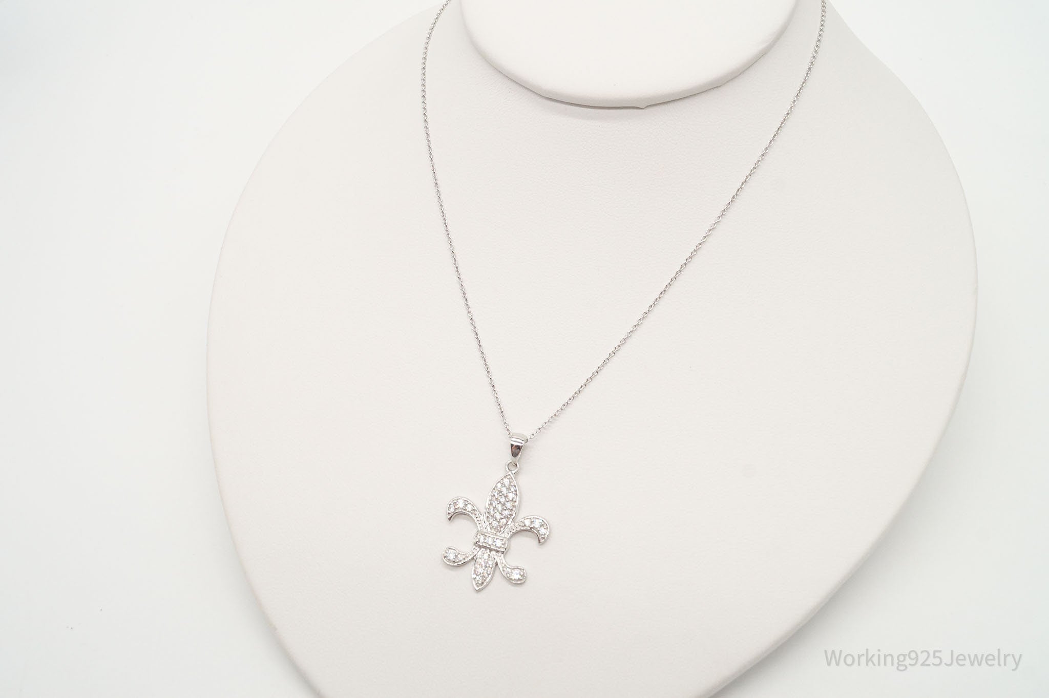 Vintage Designer JCM Fleur De Lis Cubic Zirconia Sterling Silver Necklace