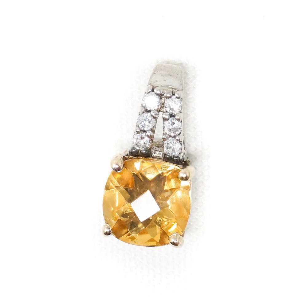 Vintage Art Deco 10K Yellow Gold Citrine CZ Sterling Silver Necklace Pendant