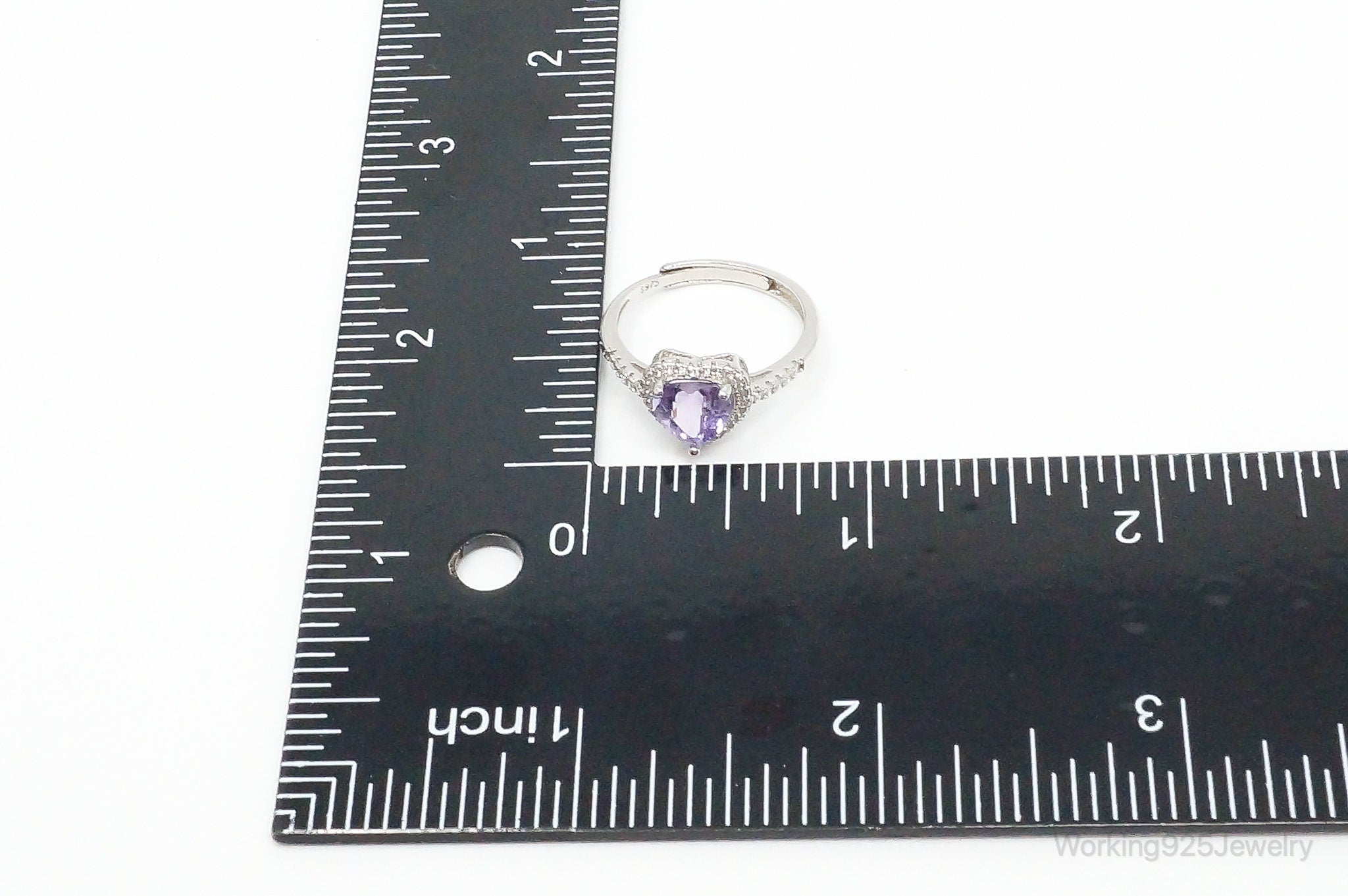 Large Amethyst Heart Cubic Zirconia Sterling Silver Ring - Size 7.25 Adjustable