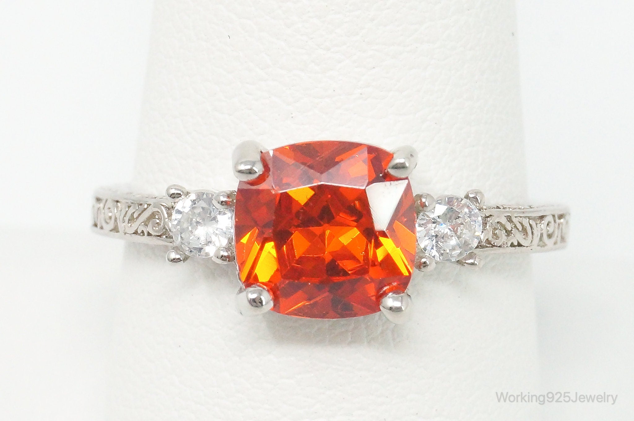 Large Orange Topaz White Cubic Zirconia Sterling Silver Ring - Size 9.25