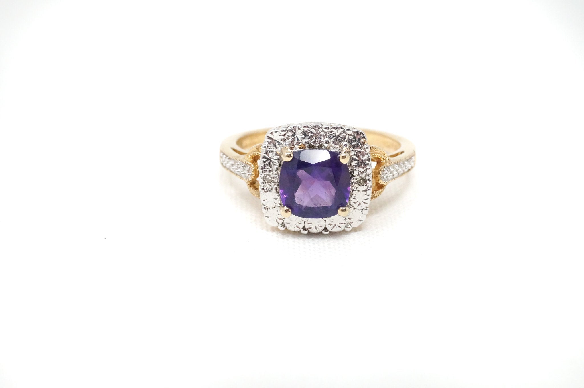 Vintage Amethyst Two Diamond Gold Vermeil Sterling Silver Ring - Sz 7