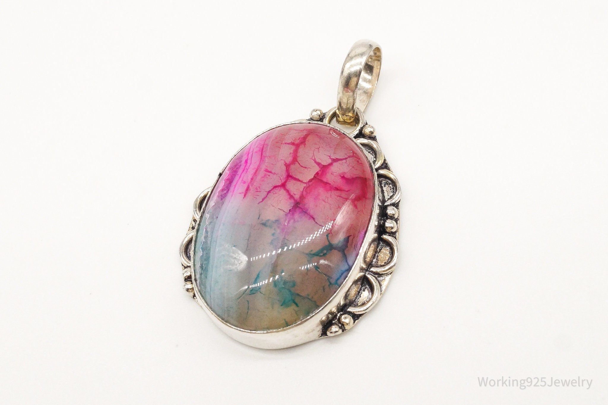 Large Pink & Blue Dyed Stone Bali Sterling Silver Pendant