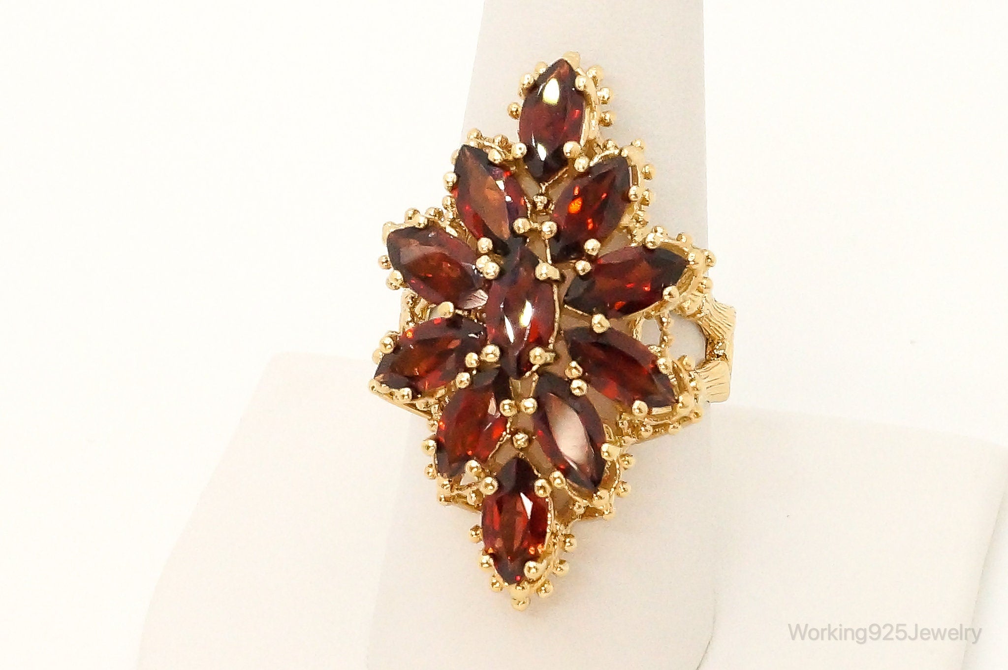 Vintage Garnet Cluster Gold Vermeil Sterling Silver Ring Size 8.75