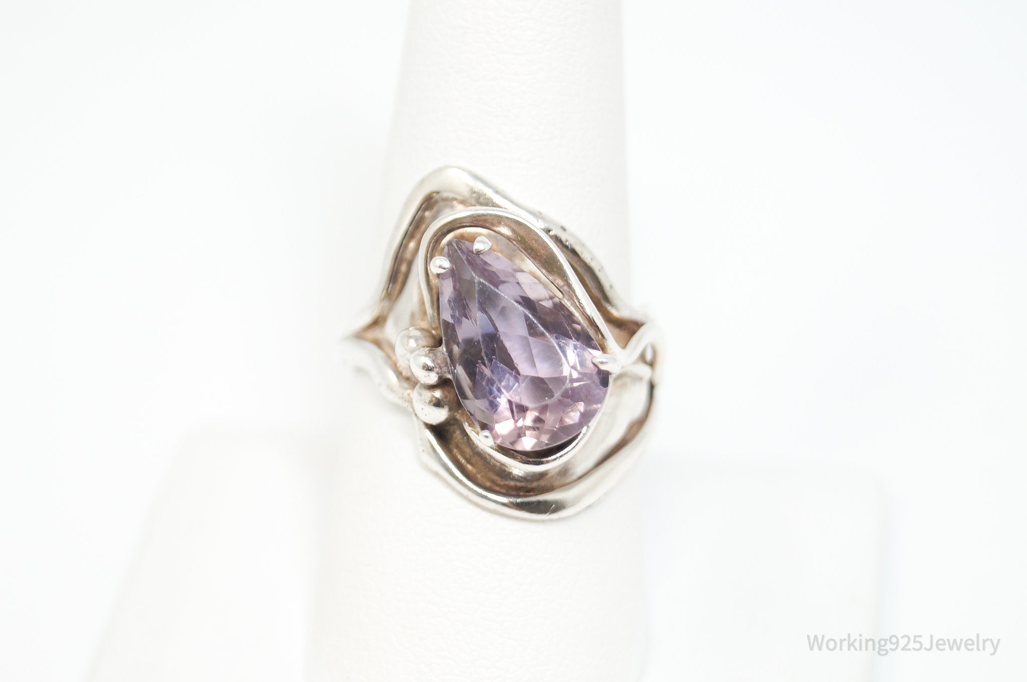 Vintage Designer Amethyst Modernist Sterling Silver Ring - Size 8.75