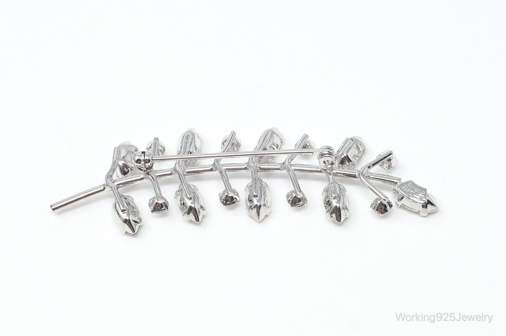 Vintage Designer Lang Rhinestone Leaf Branch Sterling Silver Brooch Pin