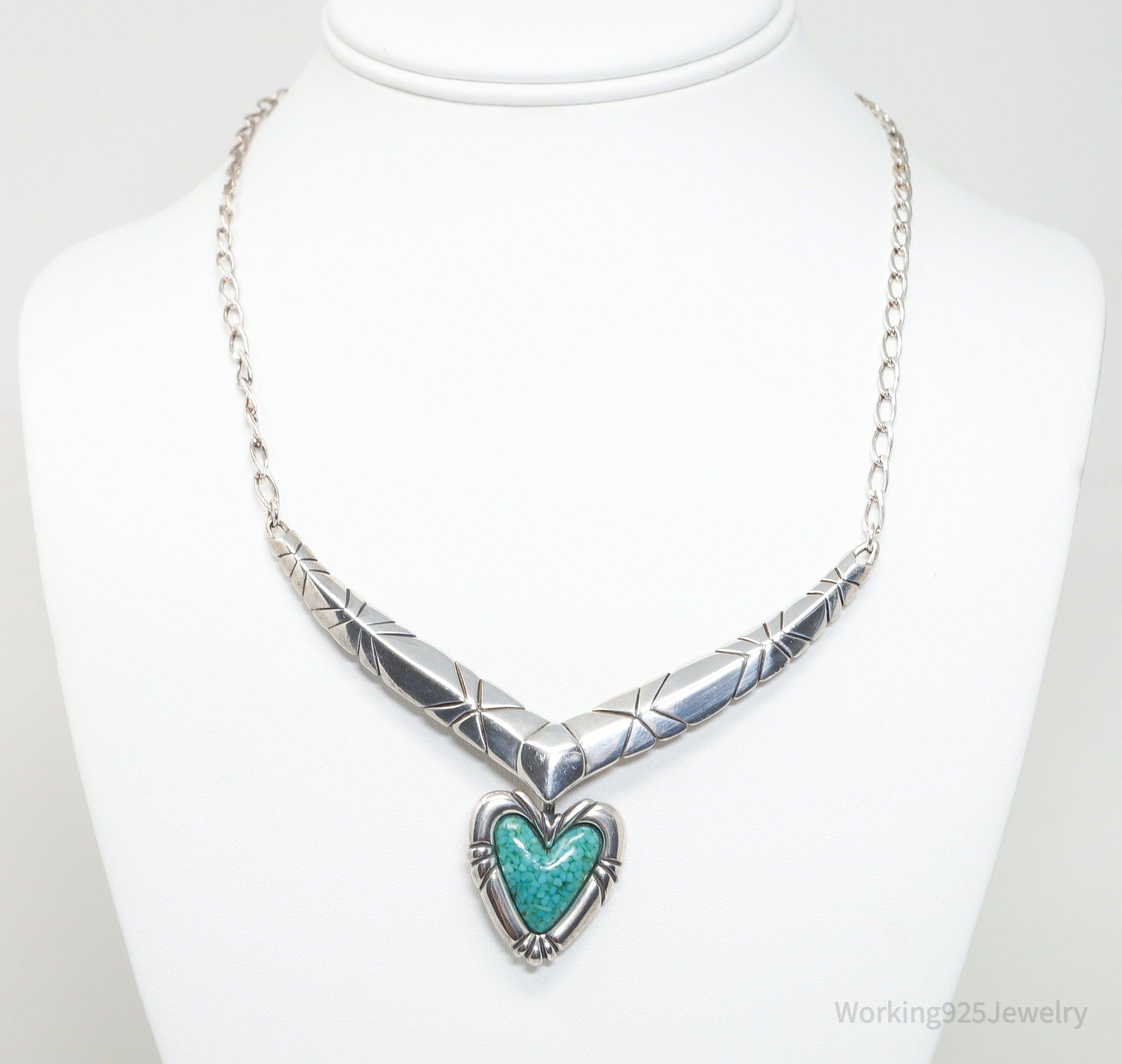 Vintage Designer Carolyn Pollack Turquoise Heart Sterling Silver Necklace