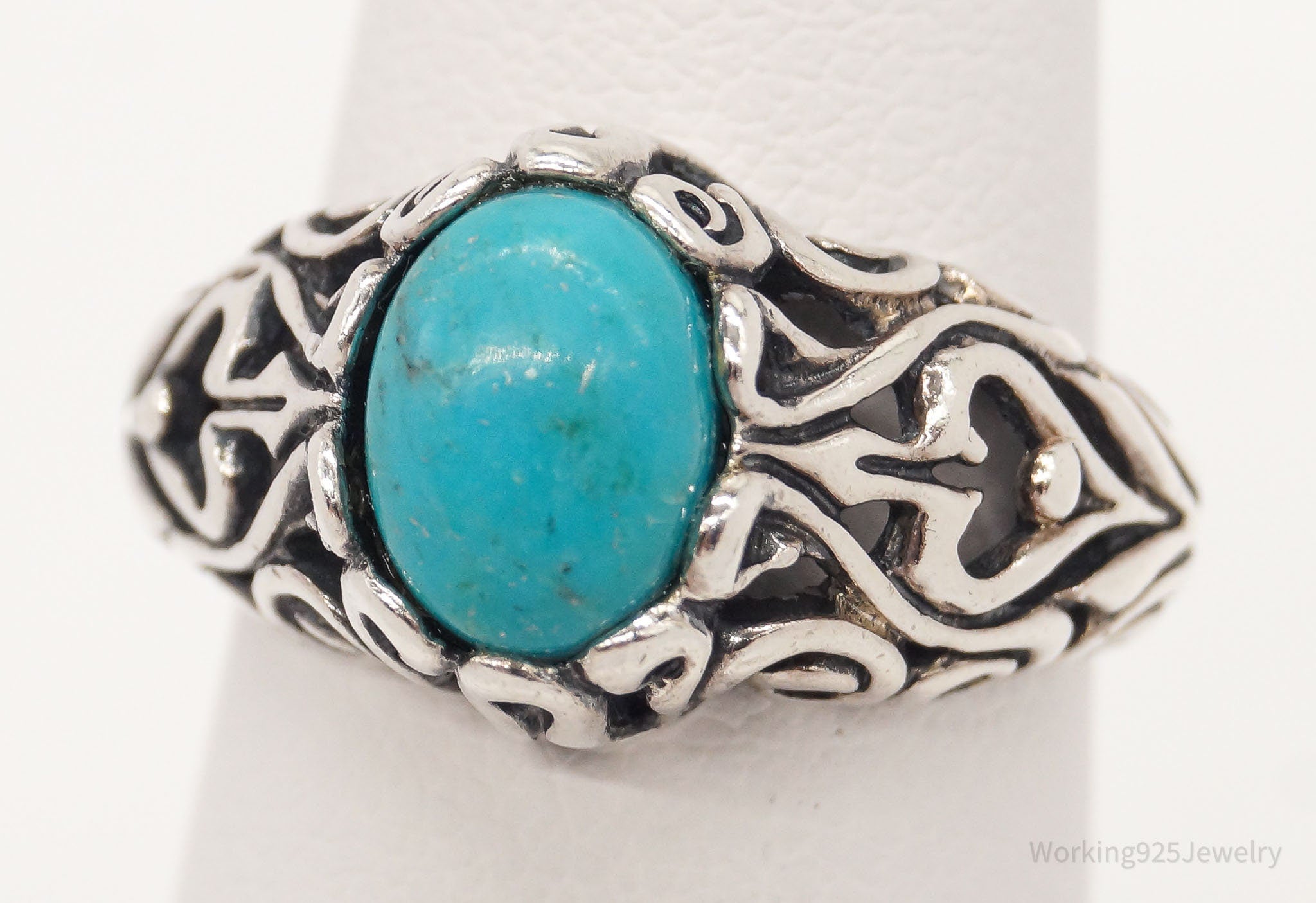 Vintage Blue Turquoise Scroll Swirl Sterling Silver Ring - Size 5