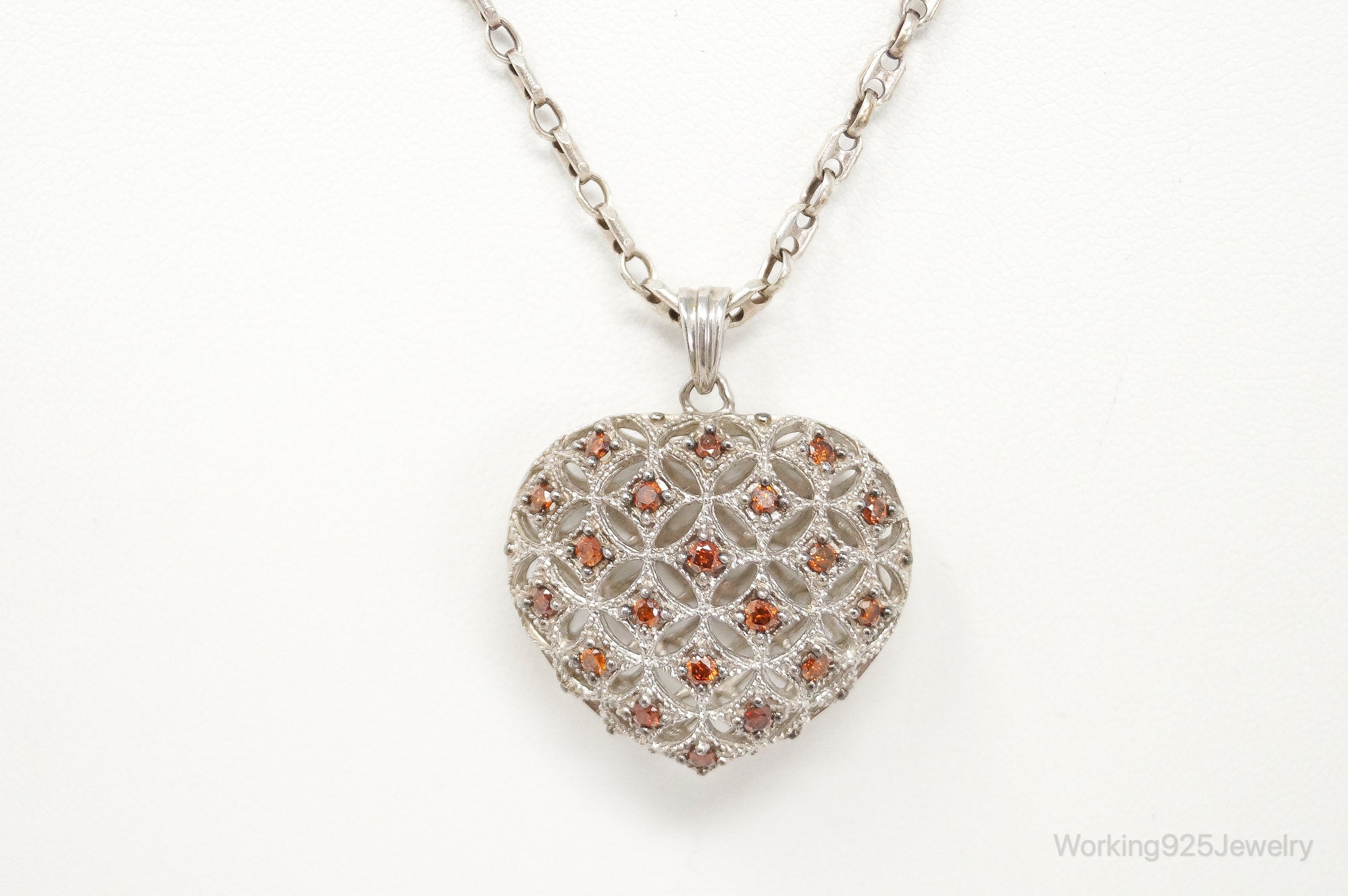 Designer Orange Cubic Zirconia Sterling Silver Heart Necklace