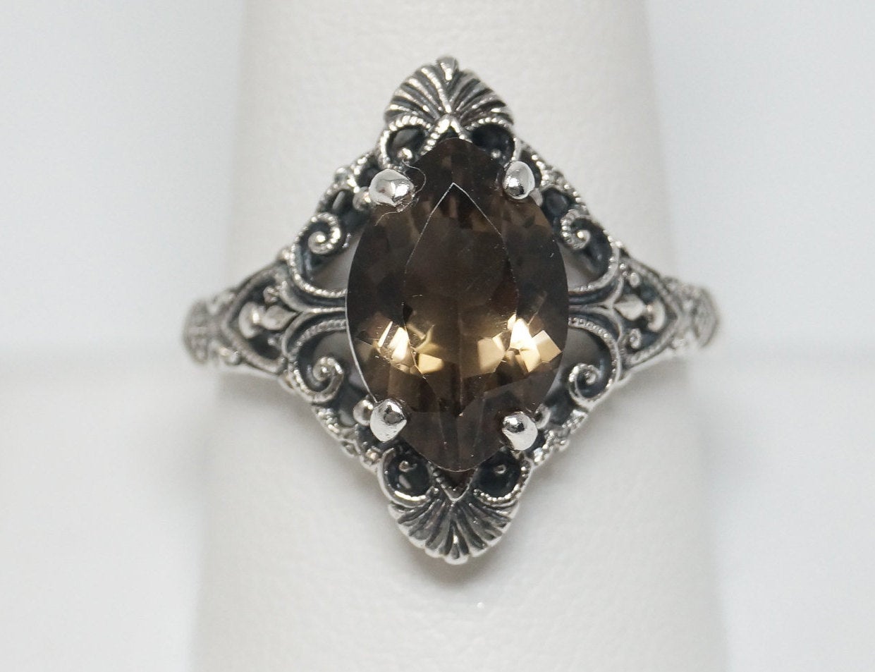 Vintage Designer CNA Smoky Topaz Scroll Sterling Silver Ring - SZ 9.75