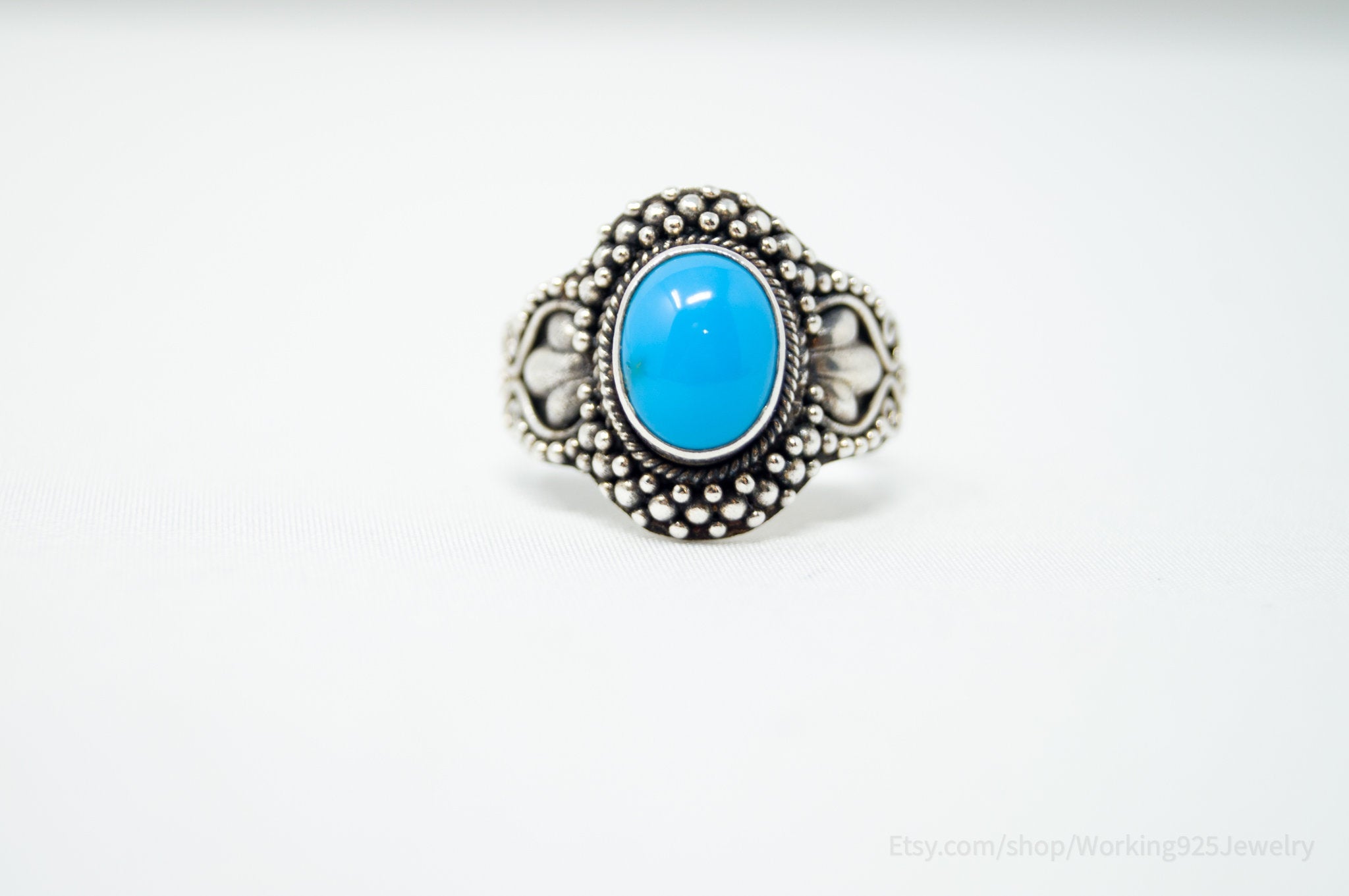 Vintage Bali Style Turquoise Filigree Sterling Silver Band Ring - Size 7.25