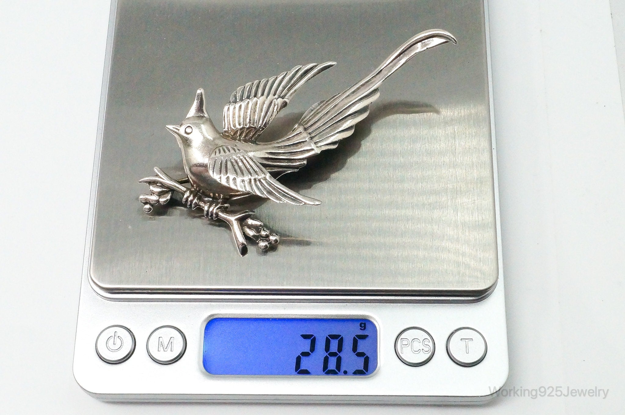 Large Heavy Vintage Mexico Perched Bird Silver Brooch Pin