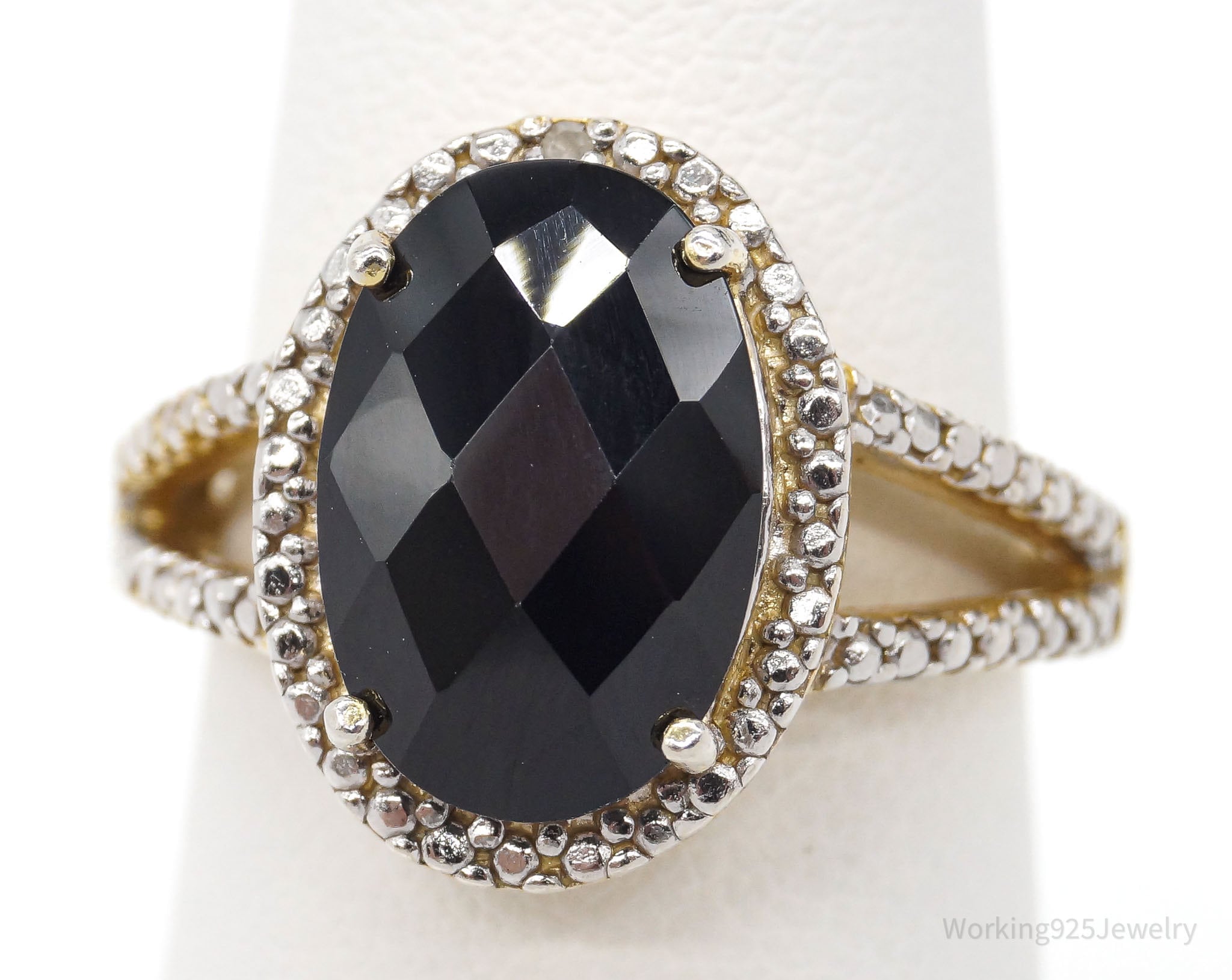 Designer FAS Black Spinel One Diamond Gold Over Sterling Silver Ring - Size 6