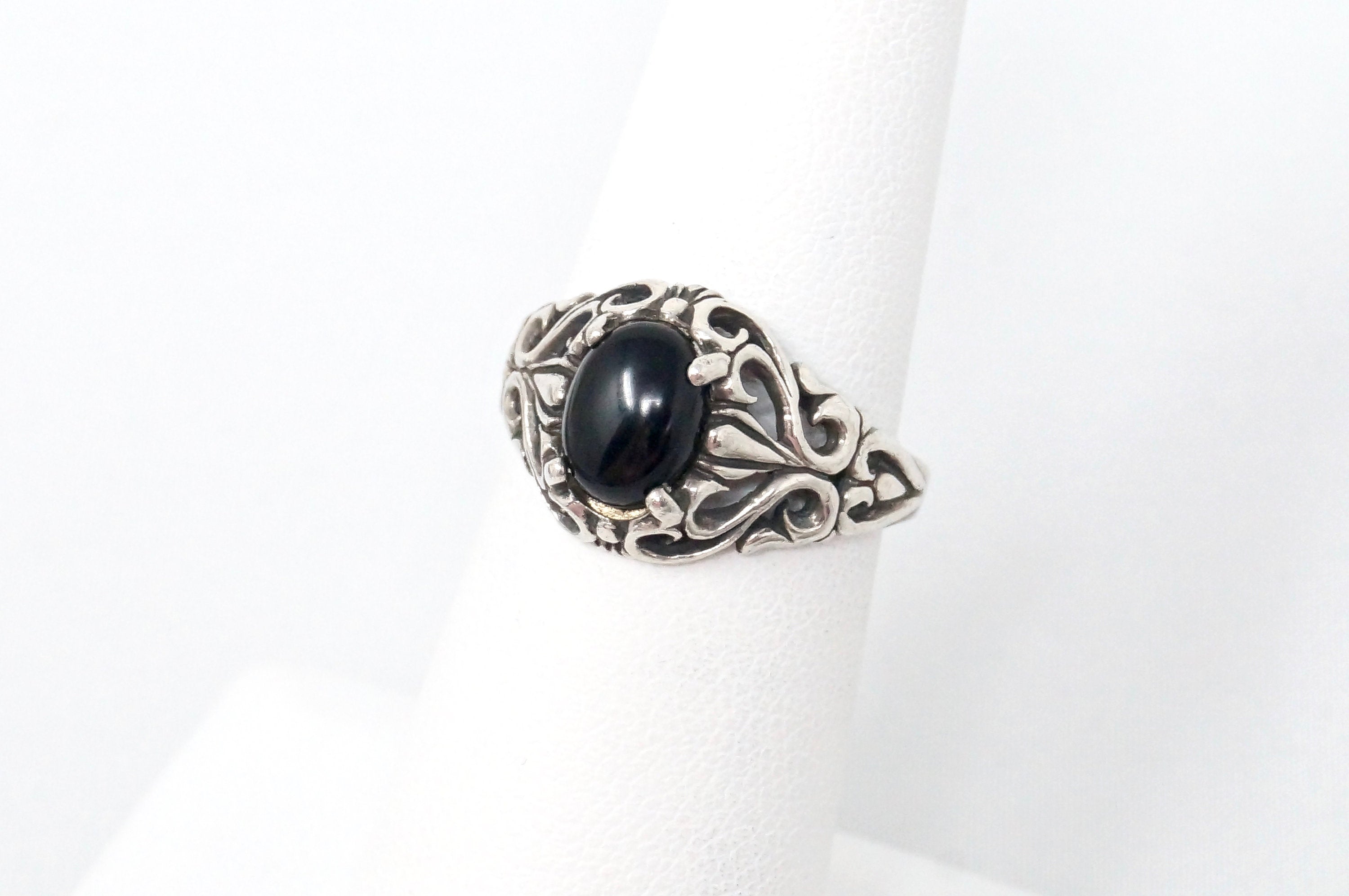 Vintage Kabana KBN Black Onyx Motif Swirl Sterling Silver Ring - Size 5.75