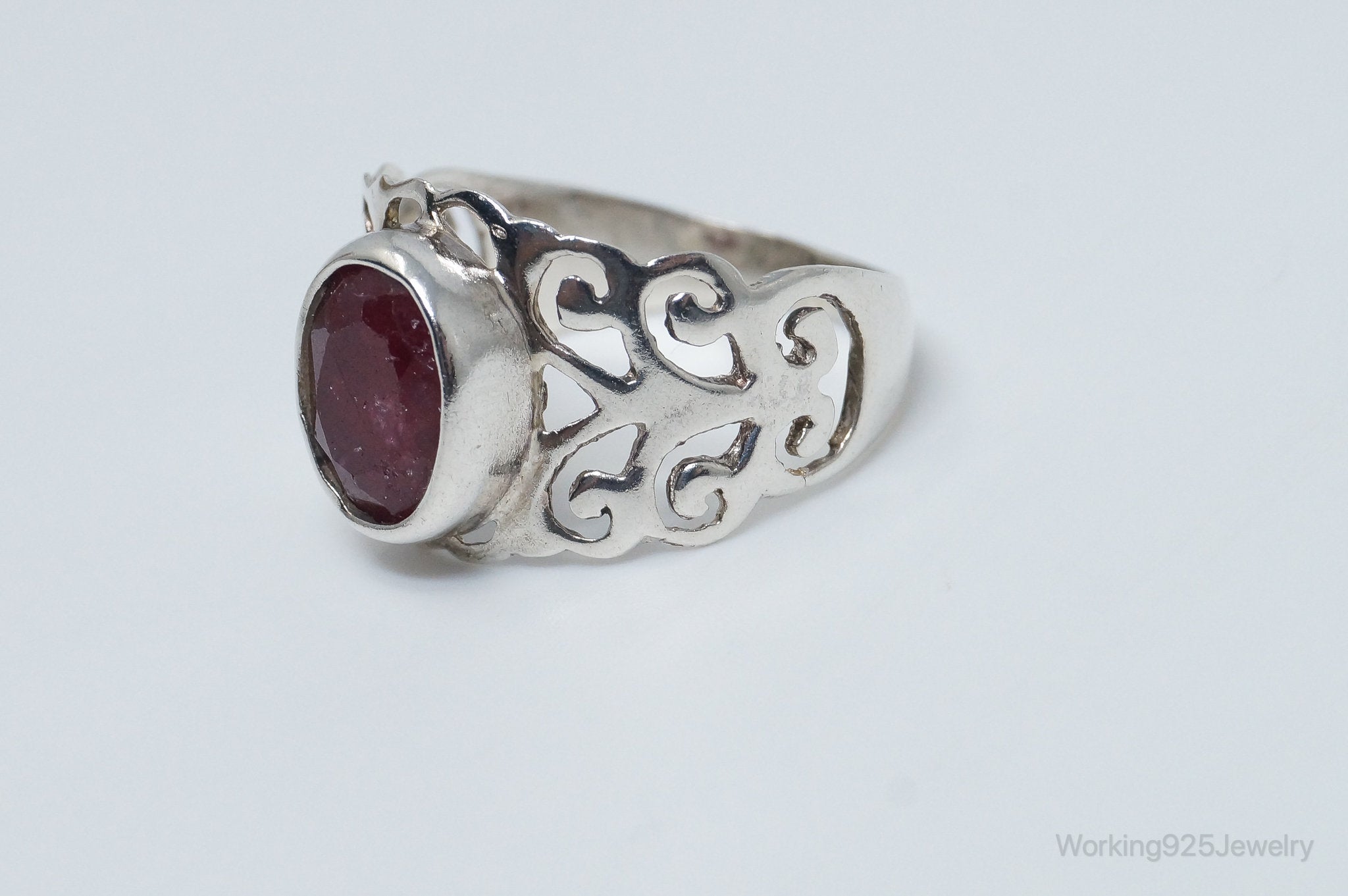 Vintage Art Deco Ruby Scroll Sterling Silver Ring - Size 8