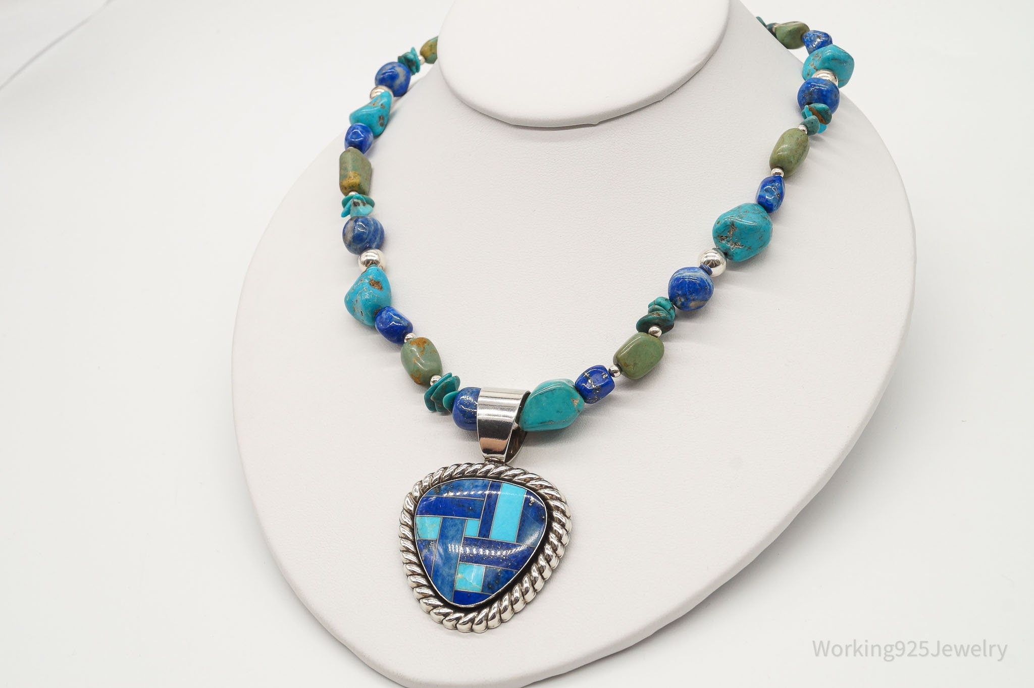 Vintage Carolyn Pollack Relios Turquoise Lapis Lazuli Sterling Silver Necklace