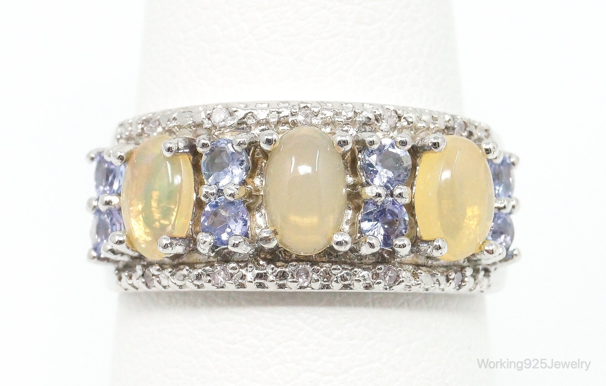 Designer Yellow Opalite Iolite Cubic Zirconia Sterling Silver Ring Size 8