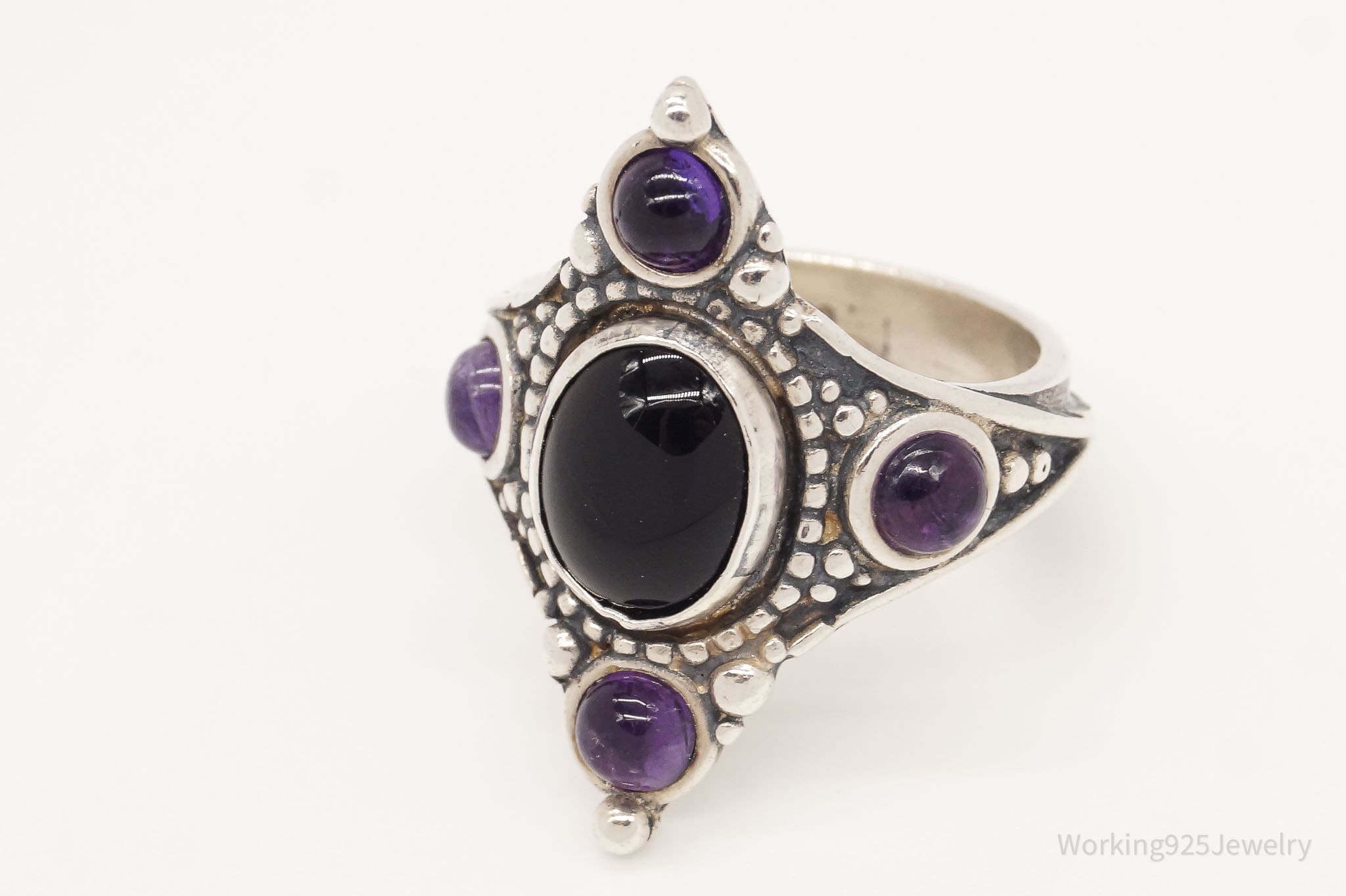 Vintage Amethyst Black Onyx Sterling Silver Ring - Size 6.25